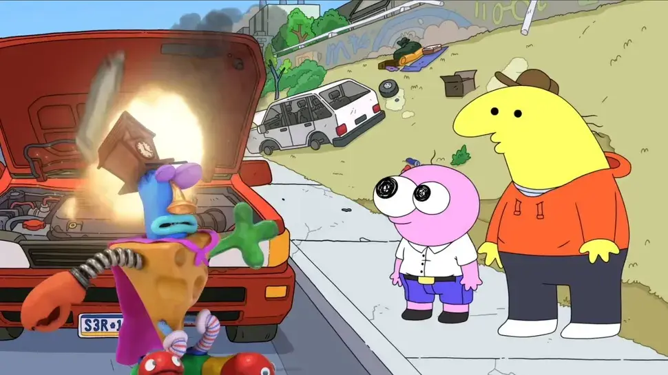 Pim and Charlie watch a chaotic roadside “fix” in Smiling Friends Season 3 Episode 3, Mole Man. Image via Adult Swim.