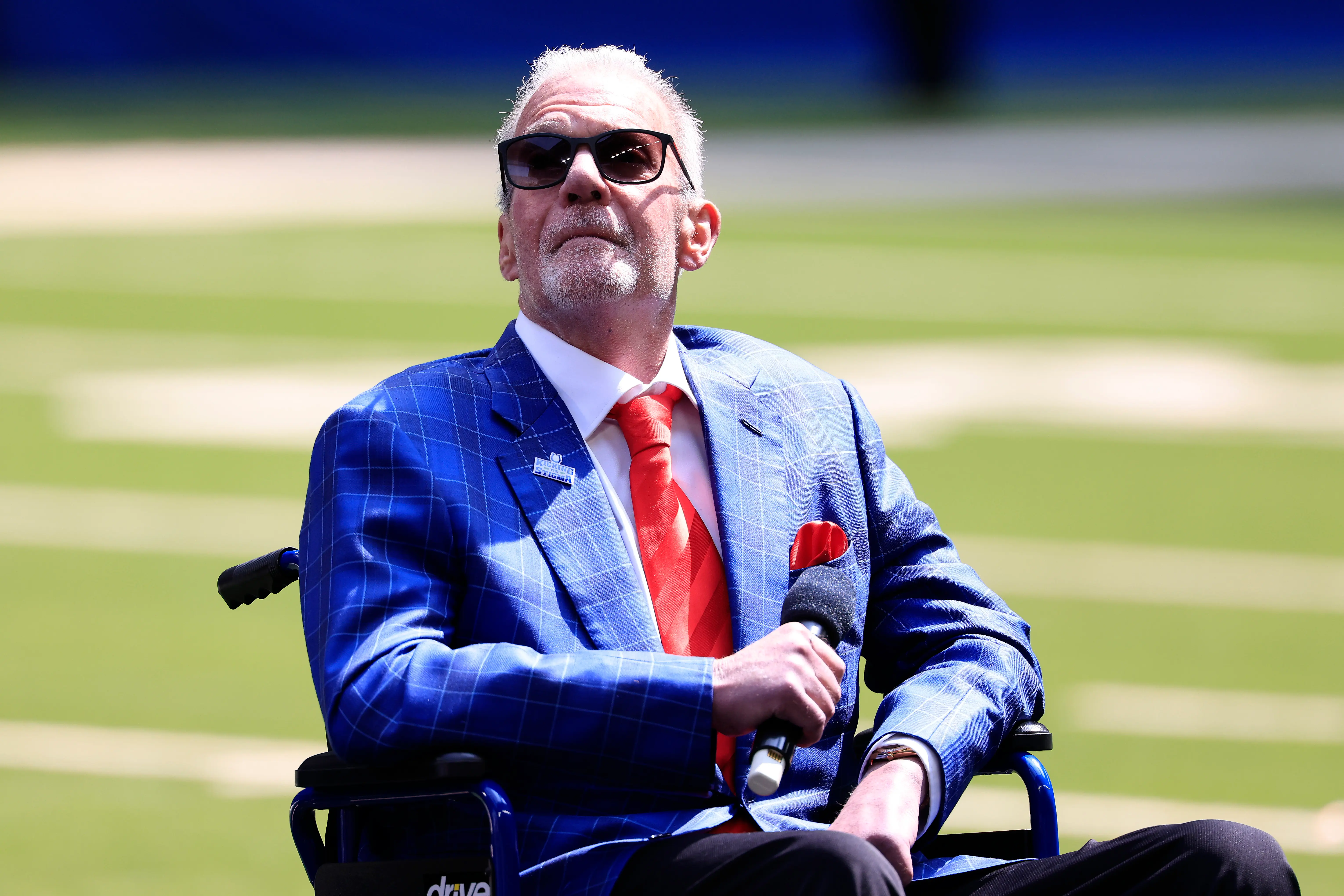 INDIANAPOLIS, INDIANA - SEPTEMBER 08: Indianapolis Colts Own Jim Irsay looks on during the ceremony for Dwight Freeney at Lucas Oil Stadium on September 08, 2024 in Indianapolis, Indiana. (Photo by Justin Casterline/Getty Images)
