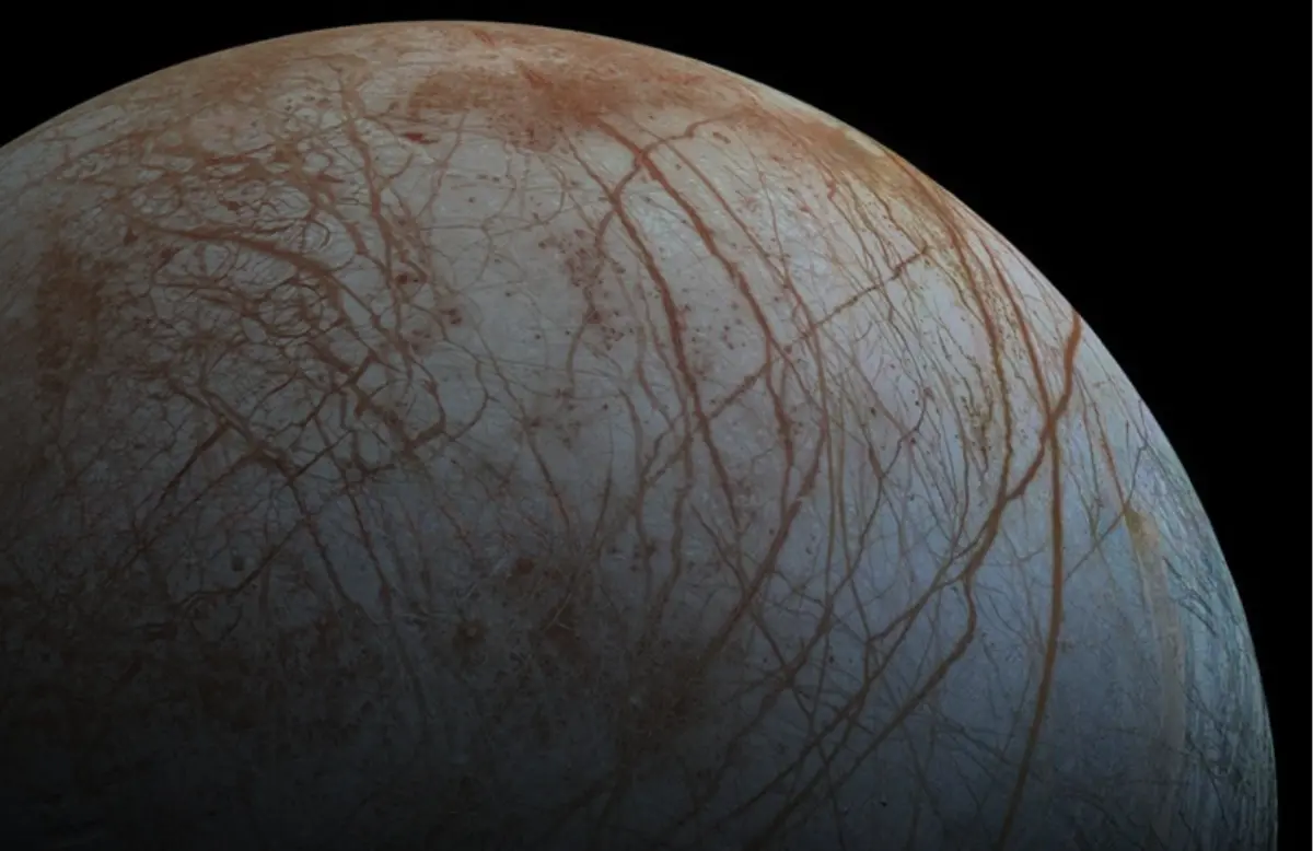 Europa, the fourth largest of Jupiter’s 95 moons (Image via NASA)