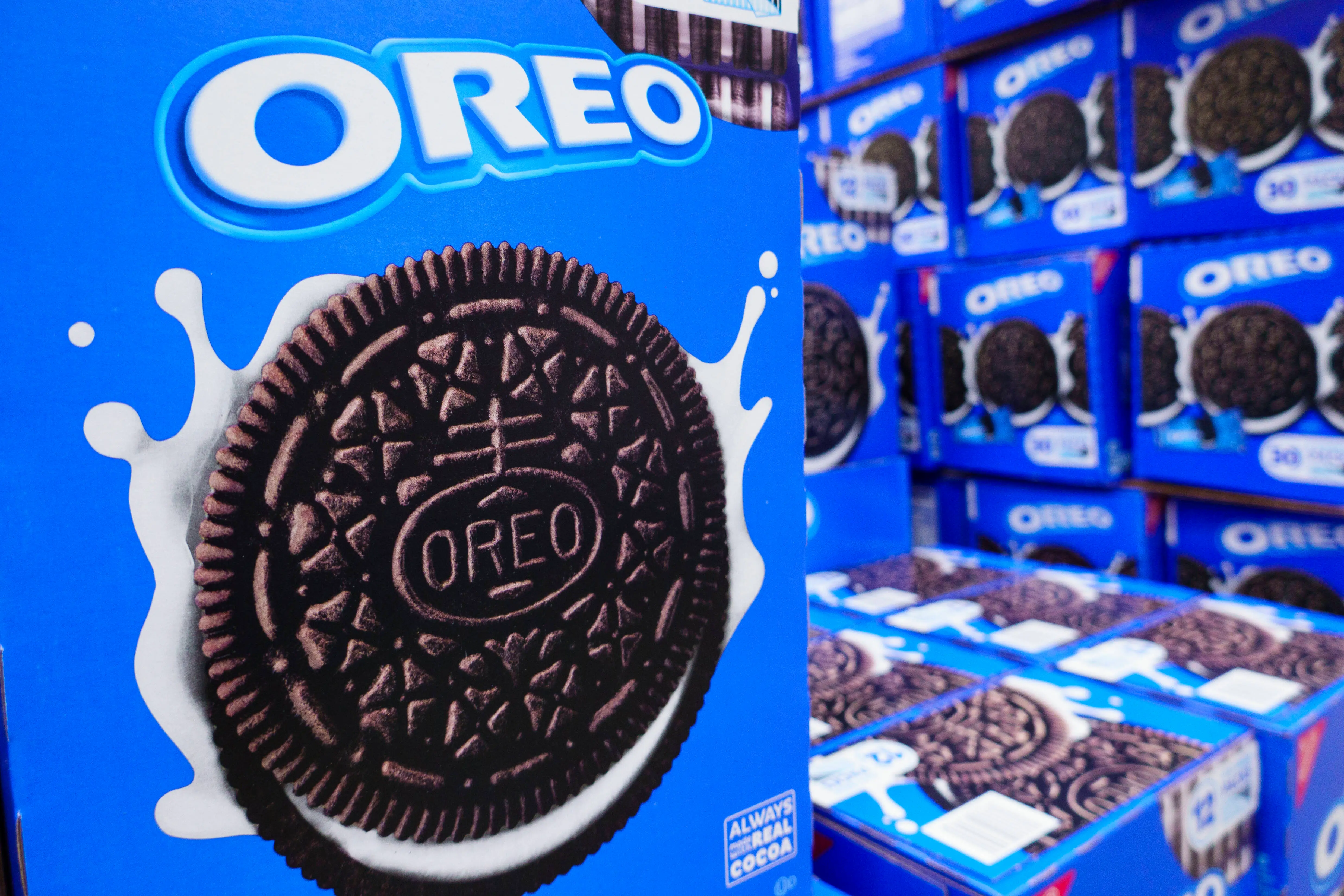 SAN DIEGO, CALIFORNIA - APRIL 27: Boxes of Nabisco Oreo cookies are stacked at a Costco Wholesale store on April 27, 2025 in San Diego, California. (Photo by Kevin Carter/Getty Images)