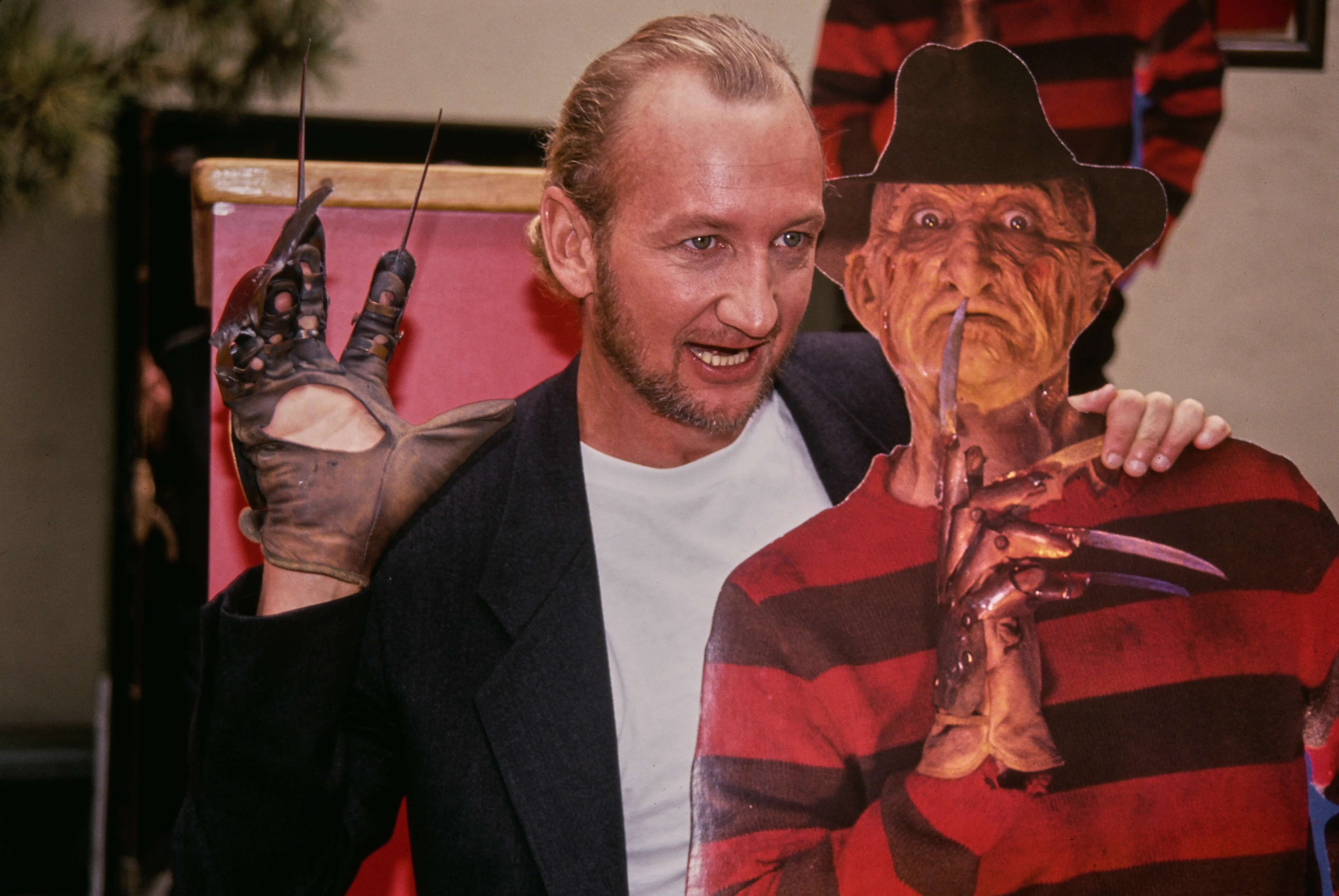 American actor Robert Englund posing with a cardboard cut-out of Freddy Krueger at the premiere of 'Freddy's Dead: The Final Nightmare' at Mann's Chinese Theatre in Los Angeles, California, September 11th 1991. (Photo by Vinnie Zuffante/Getty Images)