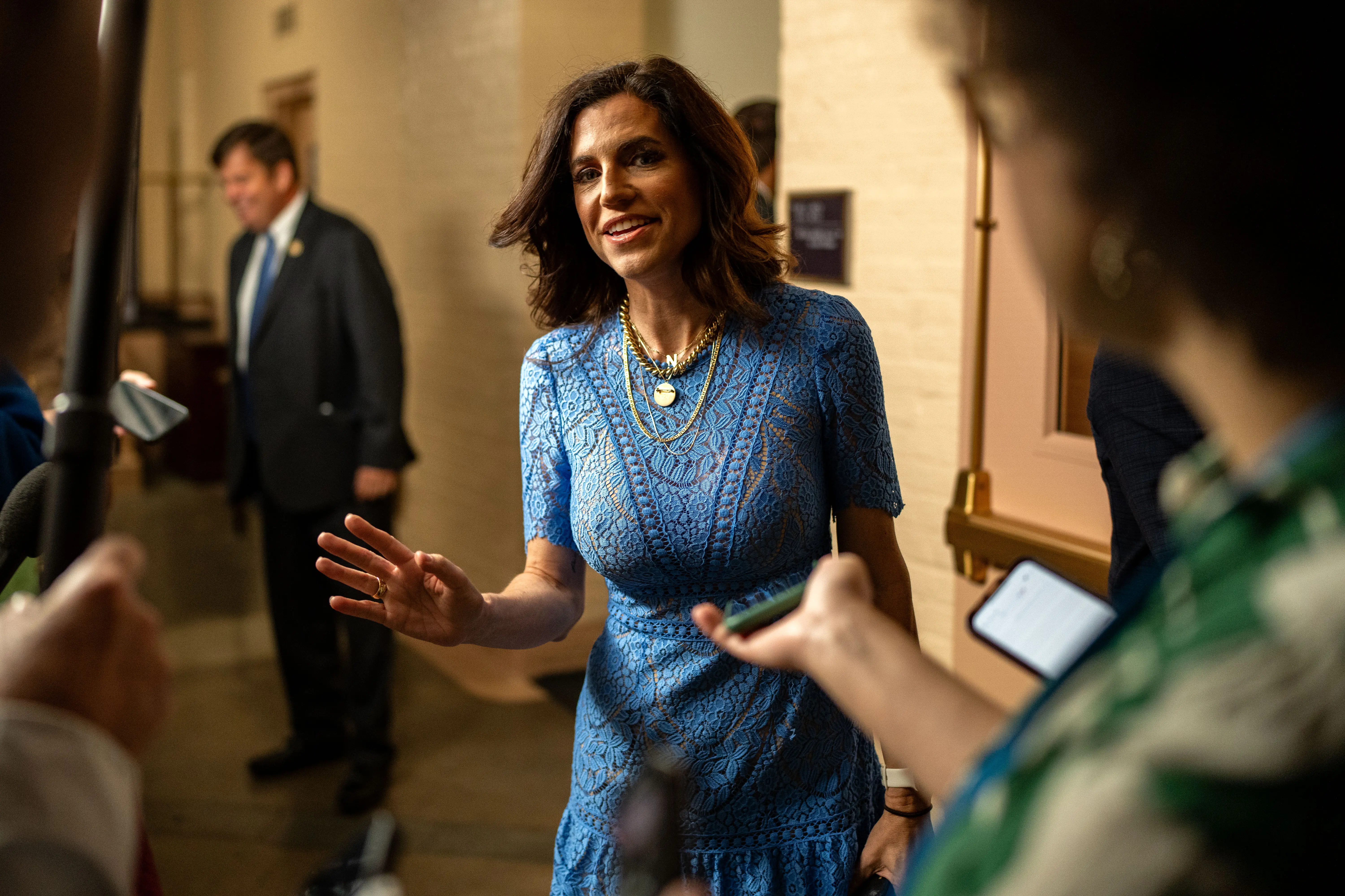 WASHINGTON, DC - SEPTEMBER 10: Rep. Nancy Mace (R-SC) speaks with reporters as she departs a House Republican Conference meeting at the U.S. Capitol on September 10, 2024 in Washington, DC. House Speaker Mike Johnson's plan to extend government funding for six months that includes the Safeguard American Voter Eligibility Act (SAVE Act), which requires voters to provide documentary proof of citizenship at the time of registration, is facing opposition from key Republicans, jeopardizing its chances as concerns about military readiness and fiscal impacts begin to surface. (Photo by Kent Nishimura/Getty Images)