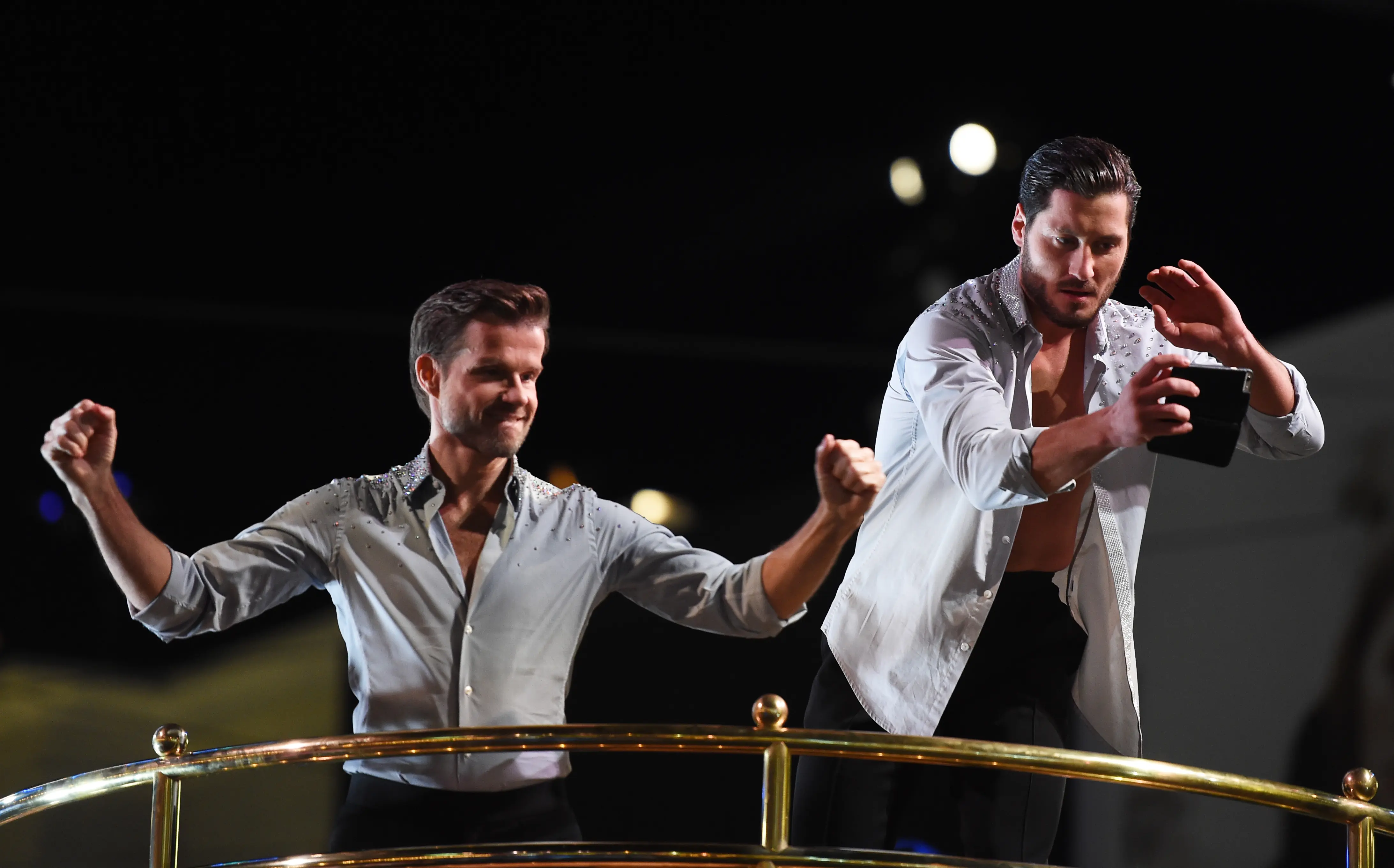 LOS ANGELES, CA - NOVEMBER 24:  Dancers Louis Van Amstel (L) and Valentin Chmerkovskiy attend ABC's "Dancing With The Stars" Live Finale at The Grove on November 24, 2015 in Los Angeles, California.  (Photo by Amanda Edwards/WireImage)