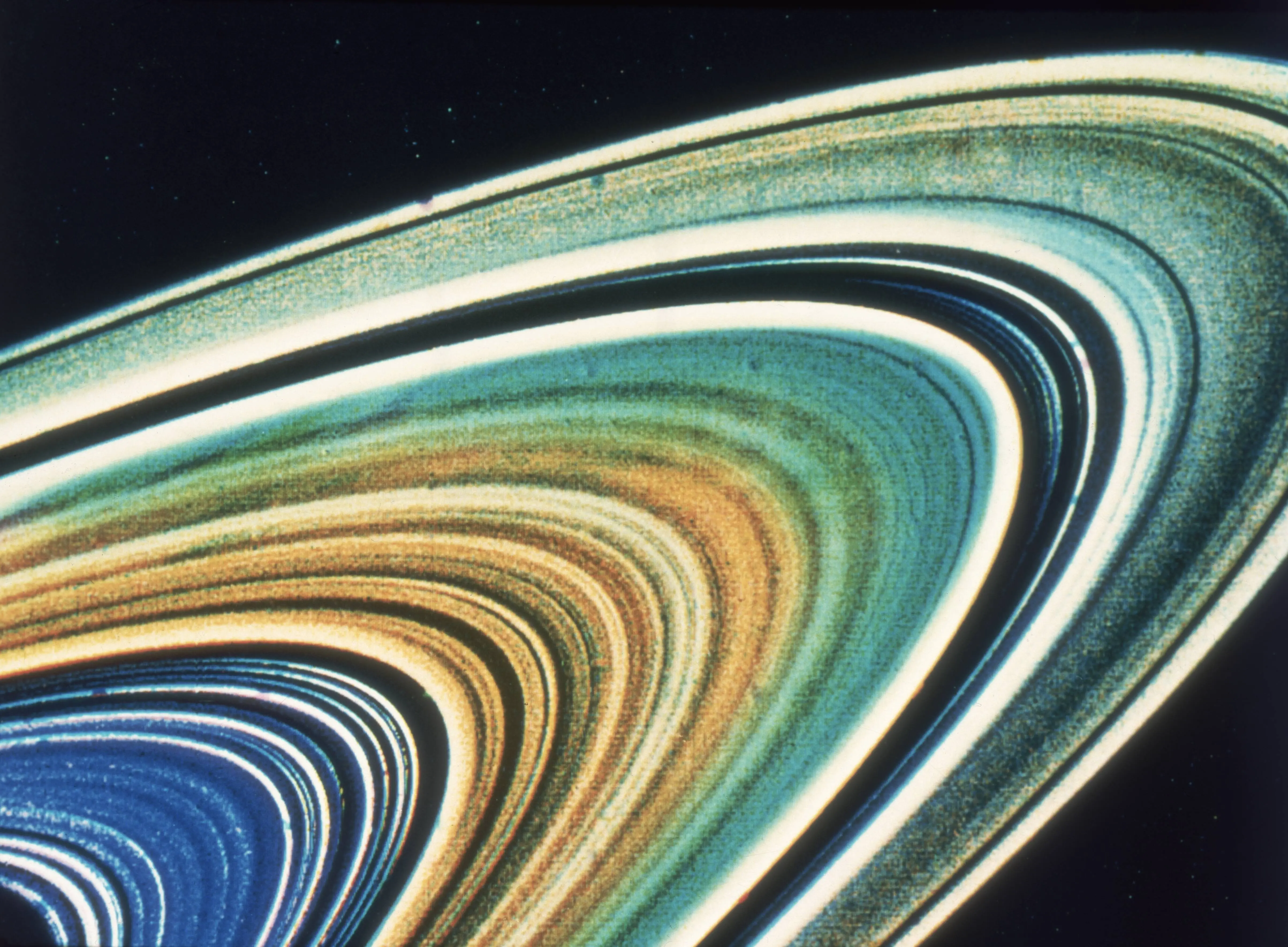 An enhanced colour image of Saturn's rings, as seen by the Voyager 2 spacecraft, August 1981 (Image via Getty)