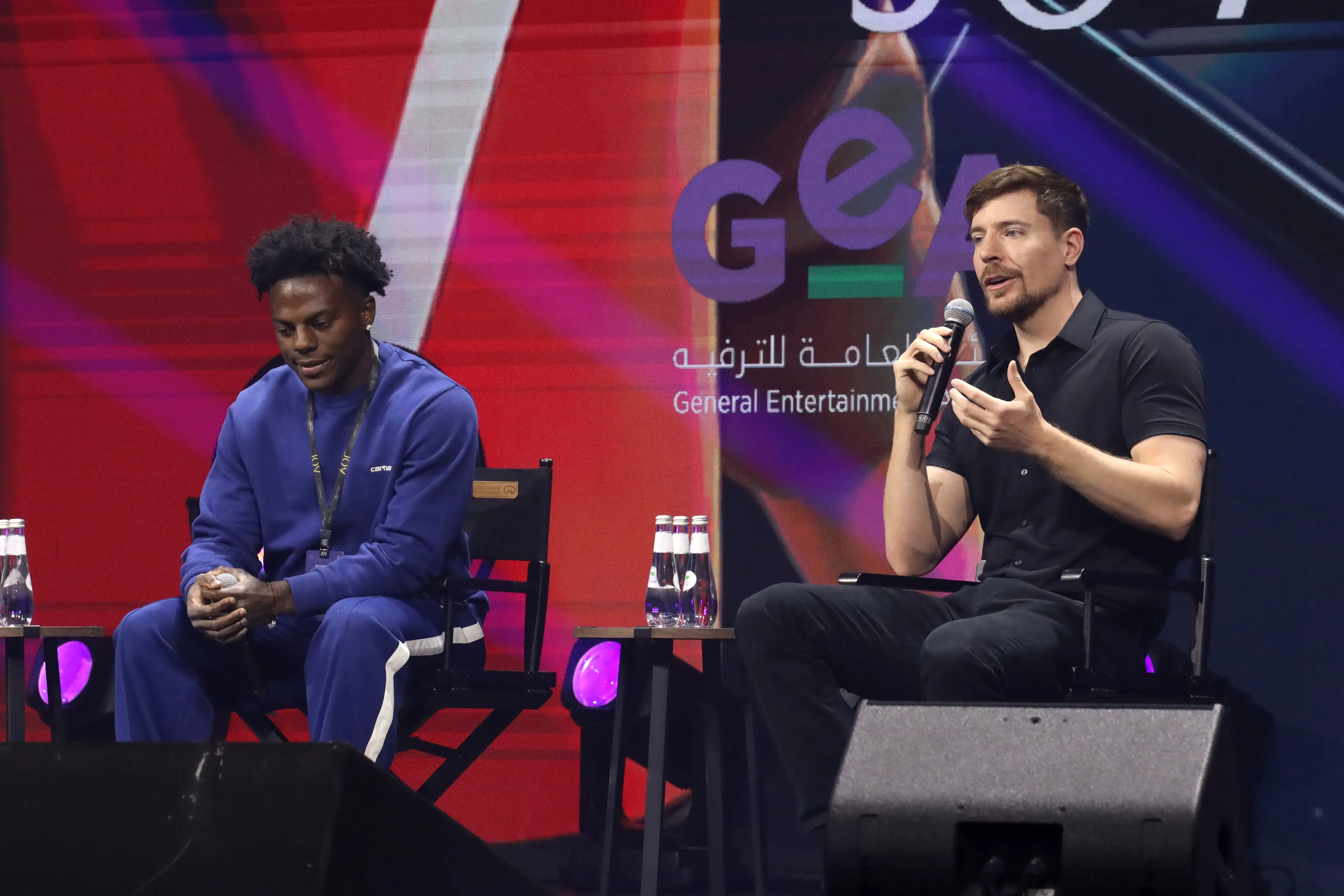 RIYADH, SAUDI ARABIA - OCTOBER 16: IShowSpeed and MrBeast speak on stage during the 'Stream to Mainstream: The New Talents of Global Stardom' panel at the 2025 Joy Forum at SEF Arena on October 16, 2025 in Riyadh, Saudi Arabia. (Photo by Wed Al Shehri/Getty Images for GEA)