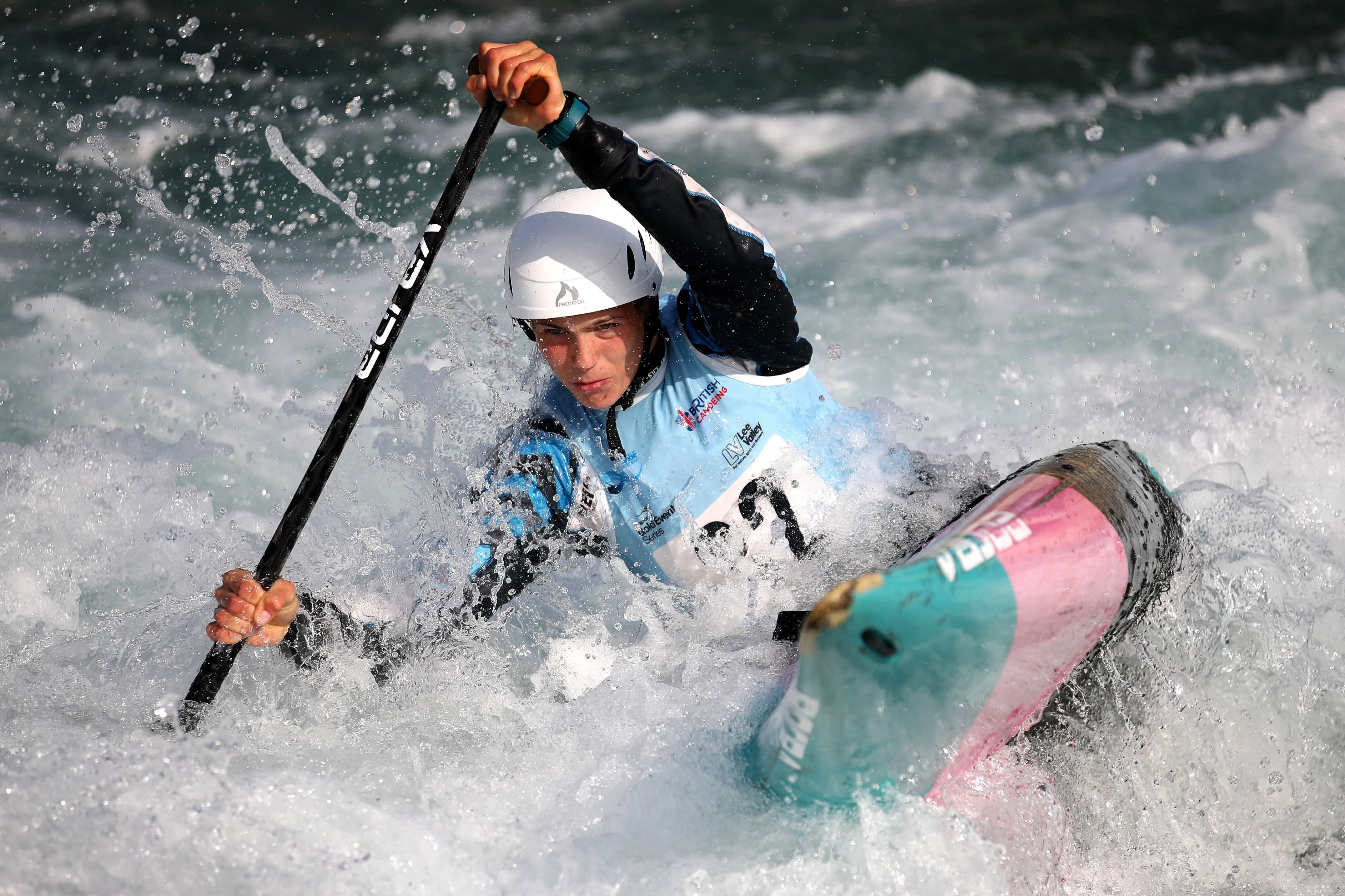 Kurts Adams Rozentals competes in the Men's Canoe Single C1 during a Canoe Slalom British Senior team and Olympic selection trials at Lee Valley White Water Centre on April 22, 2019 in London, England. (Photo by Alex Pantling/Getty Images)