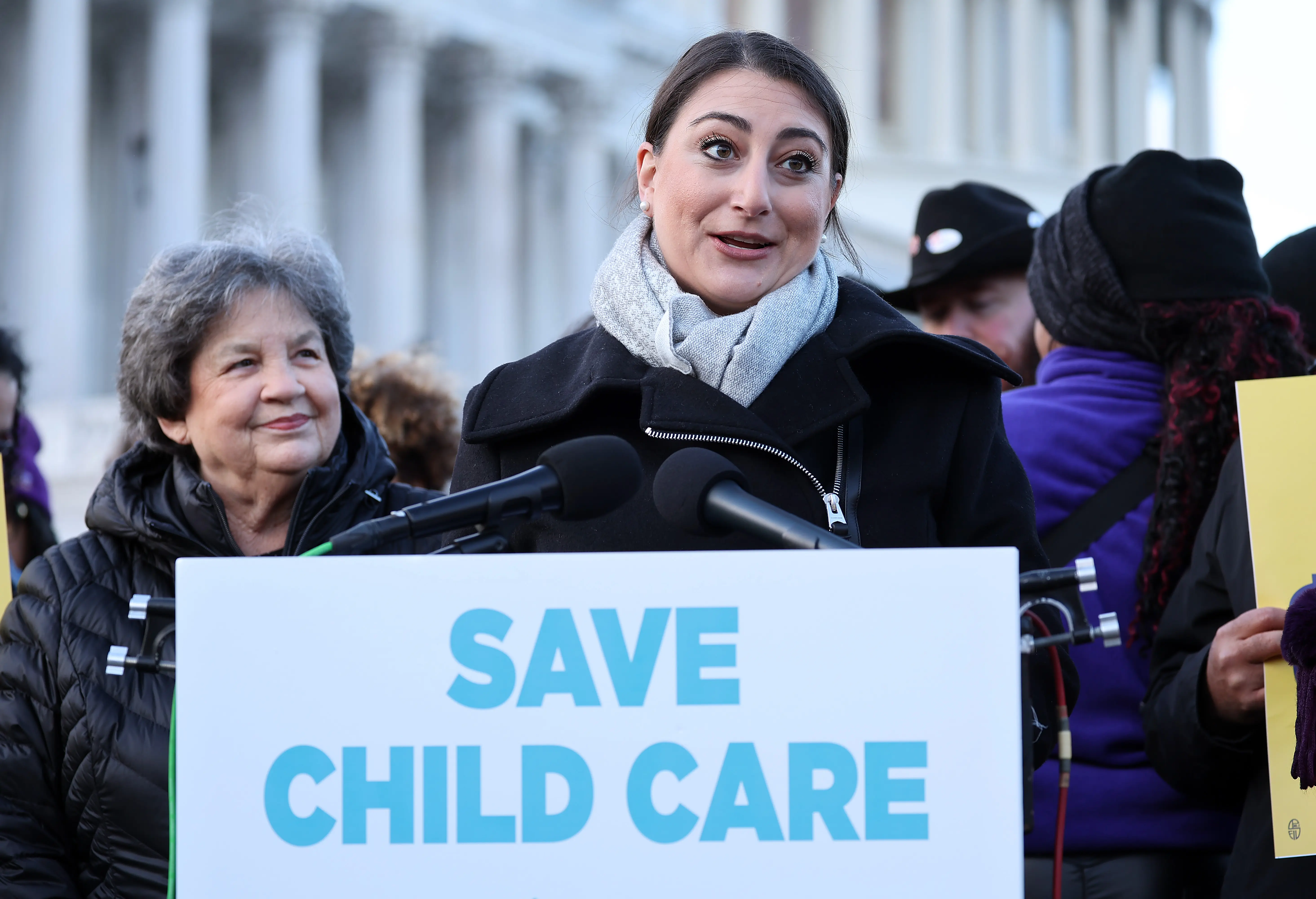 Rep. Sara Jacobs (D-CA) (C) joins coalition partners at a rally outside the U.S. Capitol Building in support of President Biden’s $16 billion request for child care supplemental funding to support children, families, and early educators on December 06, 2023 in Washington, DC. (Photo by Paul Morigi/Getty Images for Care Can't Wait Action)