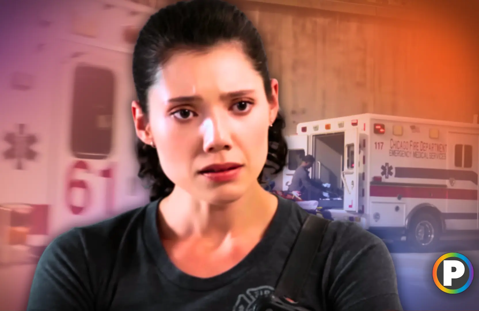 First responder Violet in a scene from Chicago Fire [Custom cover edited by Primetimer. Original Image © One Chicago/NBC]