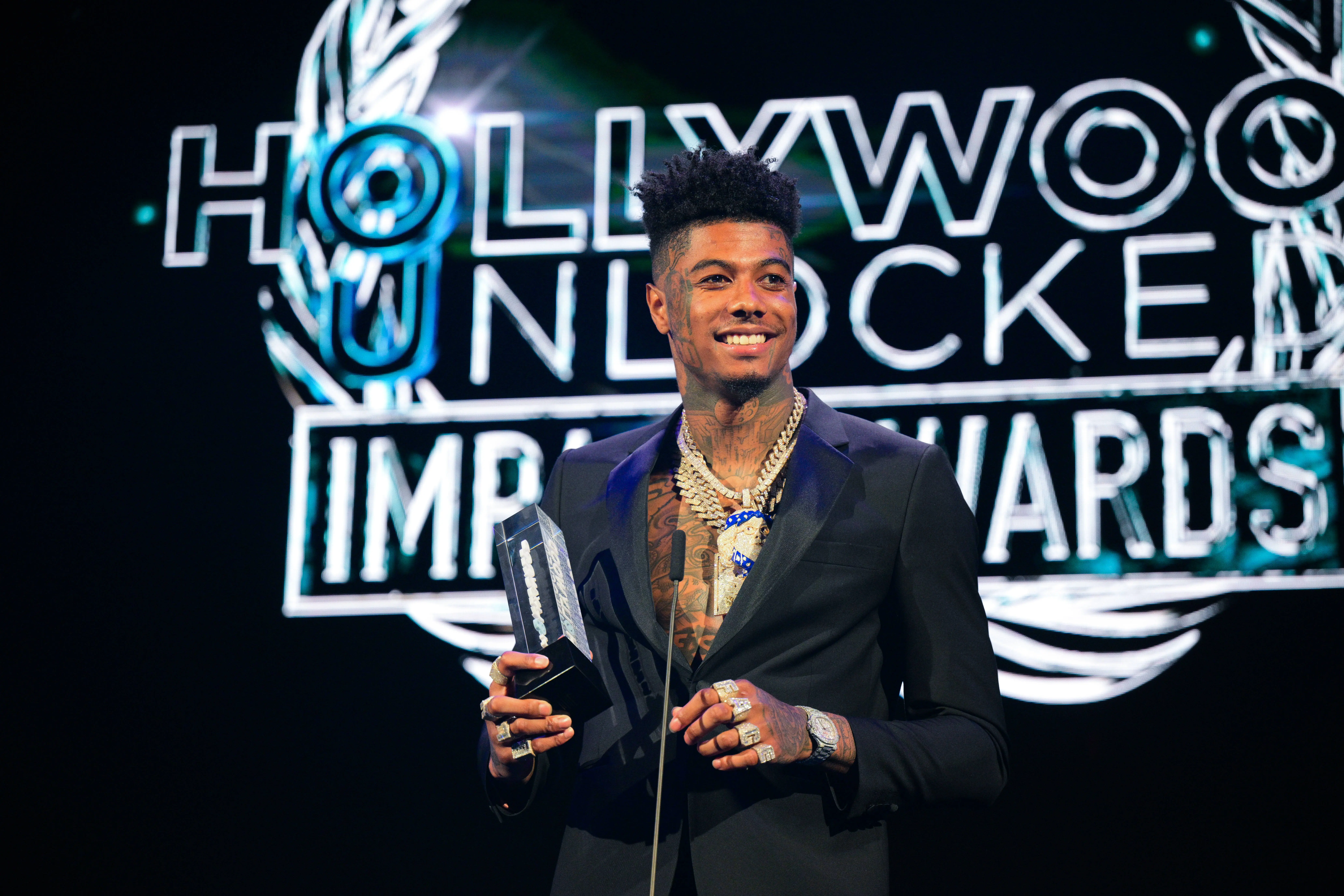 Blueface has not responded to the viral video of Jaidyn Alexis (Image via Getty)