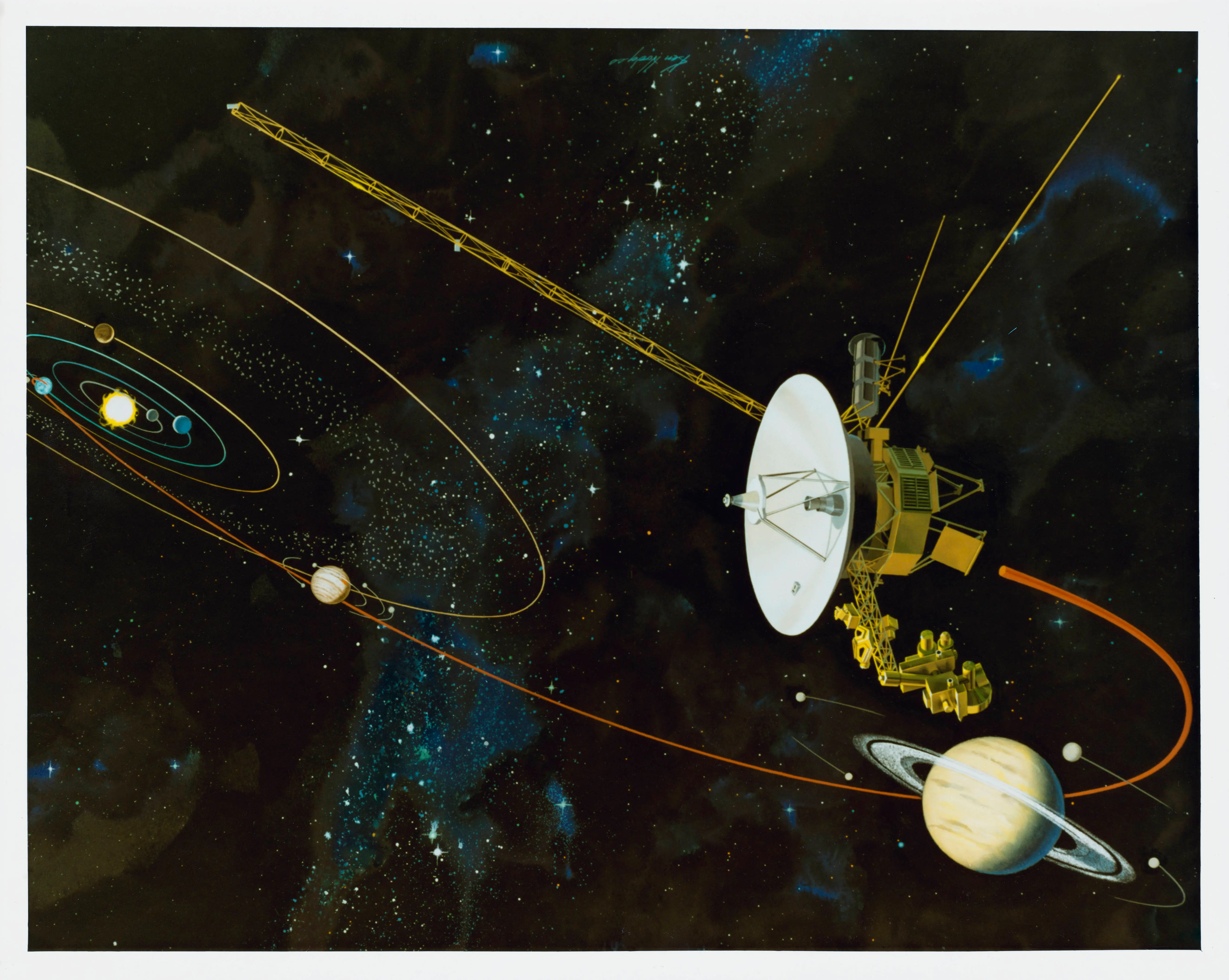 An artist's impression of the Voyager 1 space probe flying past Saturn in the outer solar system, circa 1980.  (Photo by Space Frontiers/Getty Images)