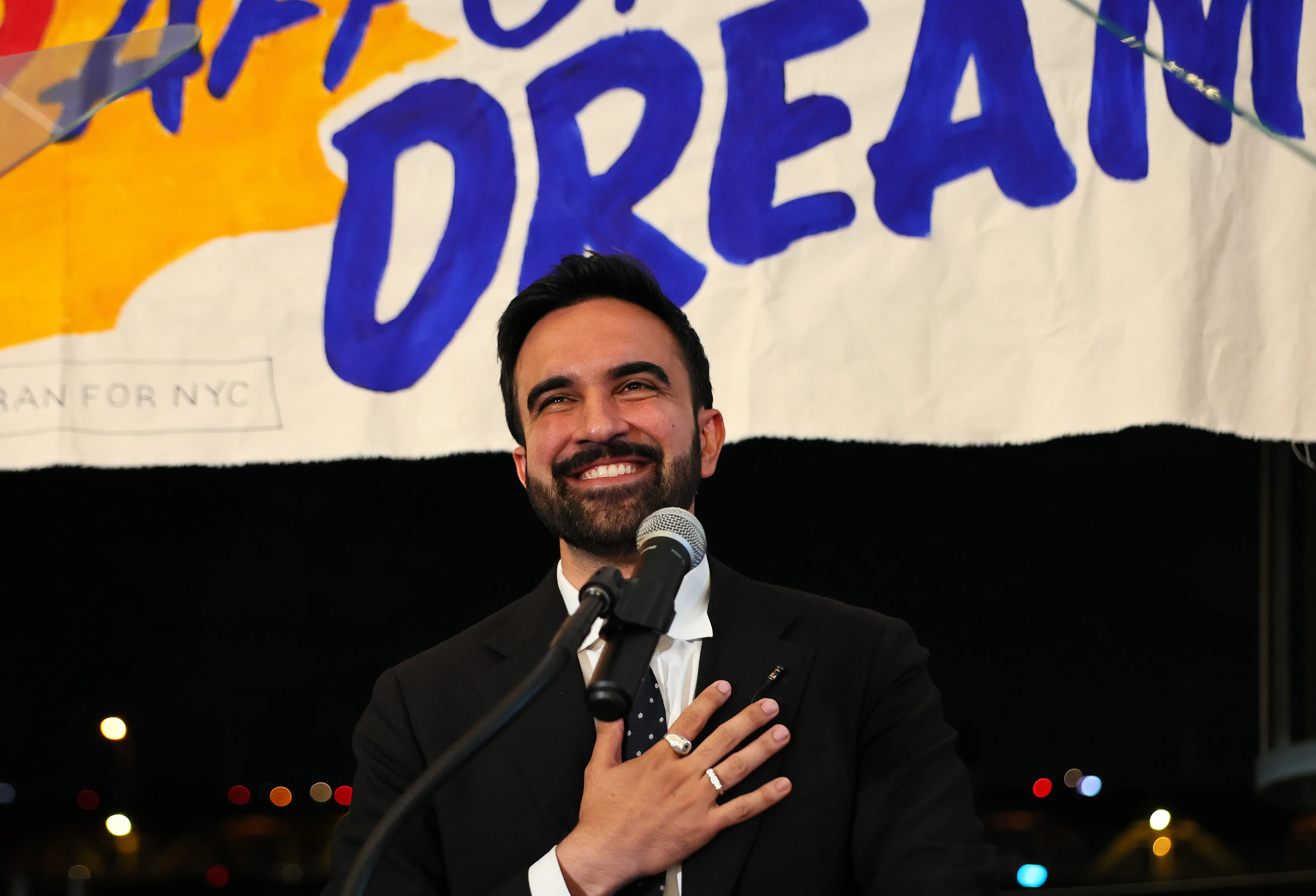 New York mayoral candidate, State Rep. Zohran Mamdani (D-NY) speaks to supporters during an election night (Image via Getty)
