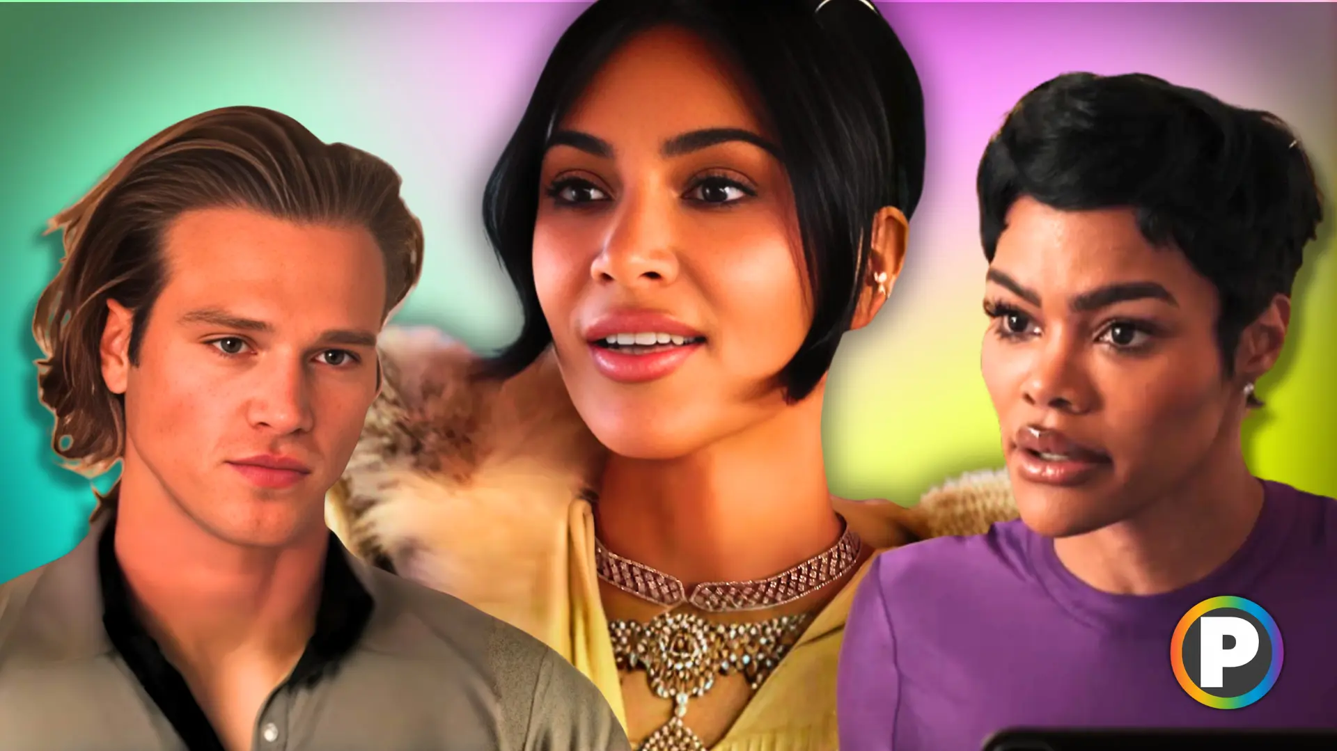Kim Kardashian, Teyana Taylor and Matthew Noszka in All's Fair Season 1 (Custom cover edited by Primetimer, Original Image ©️Hulu)