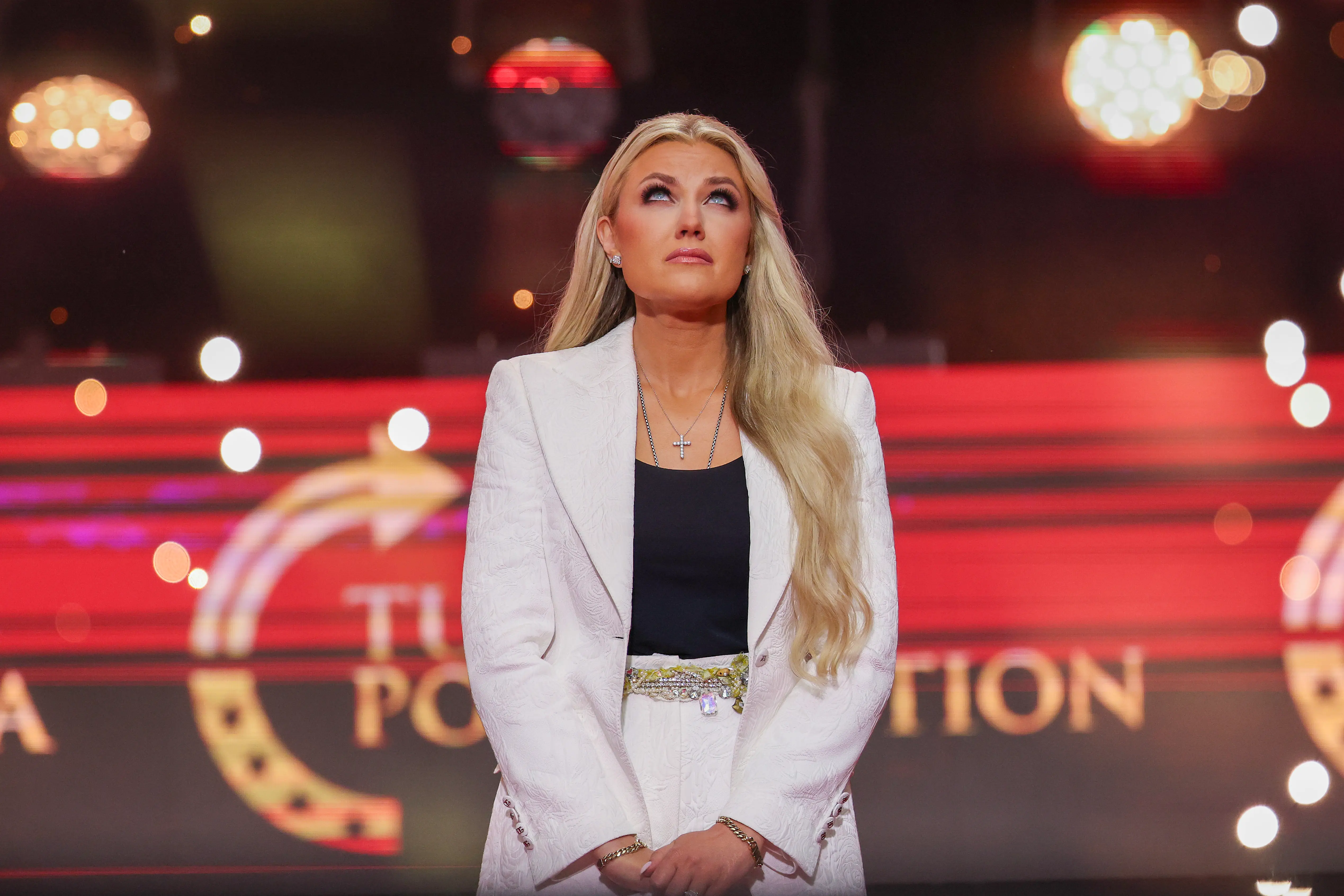 GLENDALE, ARIZONA - SEPTEMBER 21: Erika Kirk speaks during the memorial service for her husband, political activist Charlie Kirk at State Farm Stadium on September 21, 2025 in Glendale, Arizona. Kirk, the CEO and co-founder of Turning Point USA, was shot and killed on September 10th while speaking at an event during his "American Comeback Tour" at Utah Valley University. (Photo by Win McNamee/Getty Images)