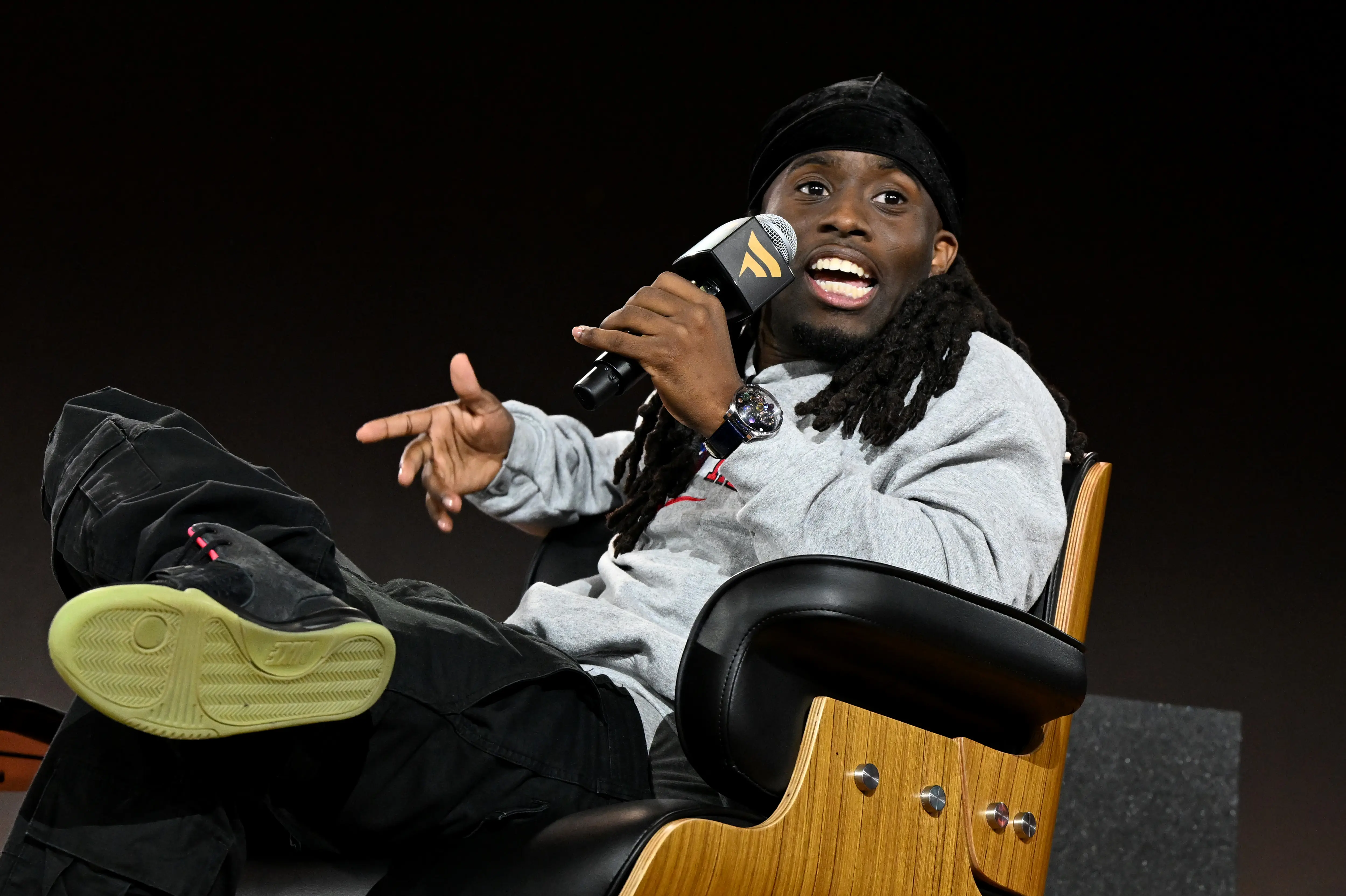 NEW YORK, NEW YORK - JUNE 21: Kai Cenat speaks onstage during Fanatics Fest NYC 2025 at Javits Center on June 21, 2025 in New York City. (Photo by Slaven Vlasic/Getty Images)