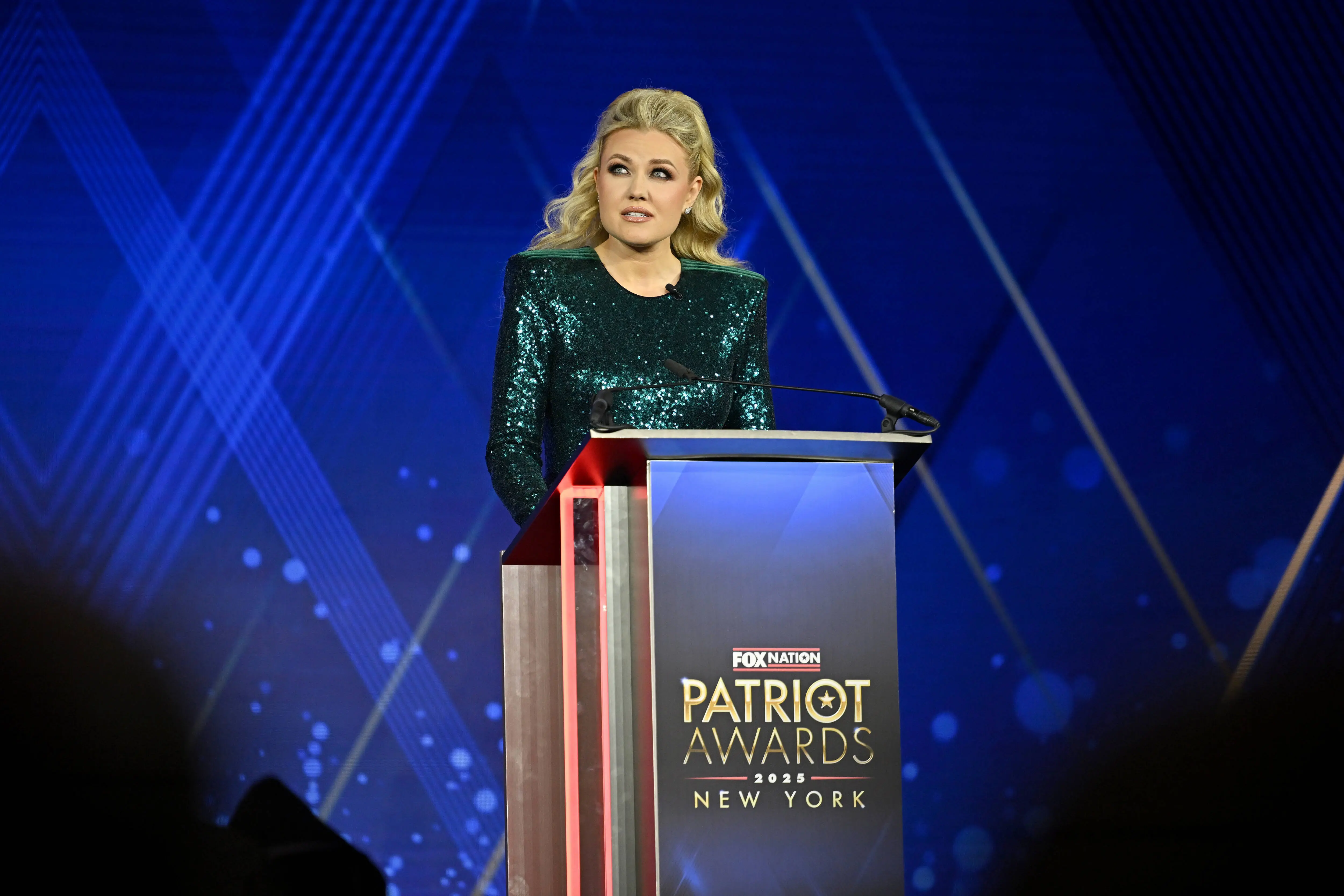 Erika Kirk accepts the inaugural Charlie Kirk Legacy Award onstage during the 2025 Fox Nation Patriot Awards at Tilles Center for the Performing Arts on November 06, 2025 in Greenvale, New York. (Photo by Roy Rochlin/Getty Images)