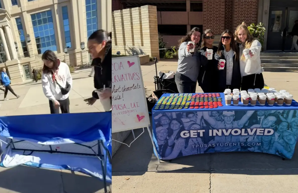 Justin Calhoon [L] recently flipped over Turning Point USA's table at the University of Iowa (Image via Instagram/ui_tpusa)