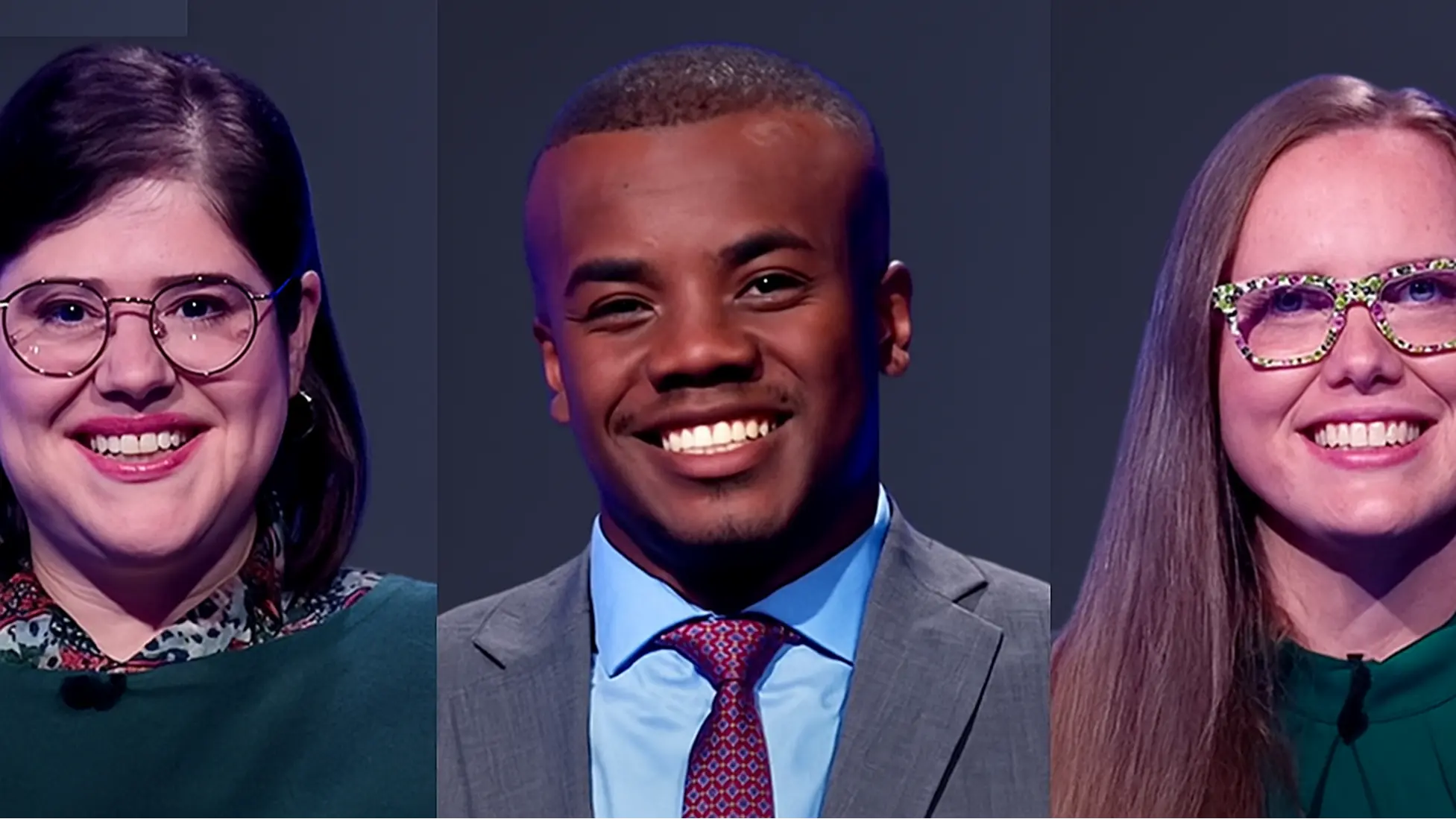 Returning champion on Jeopardy!: Allegra Kuney. Challengers: Mason Hendrix and Larisa Mount (Image via Jeopardy.com)