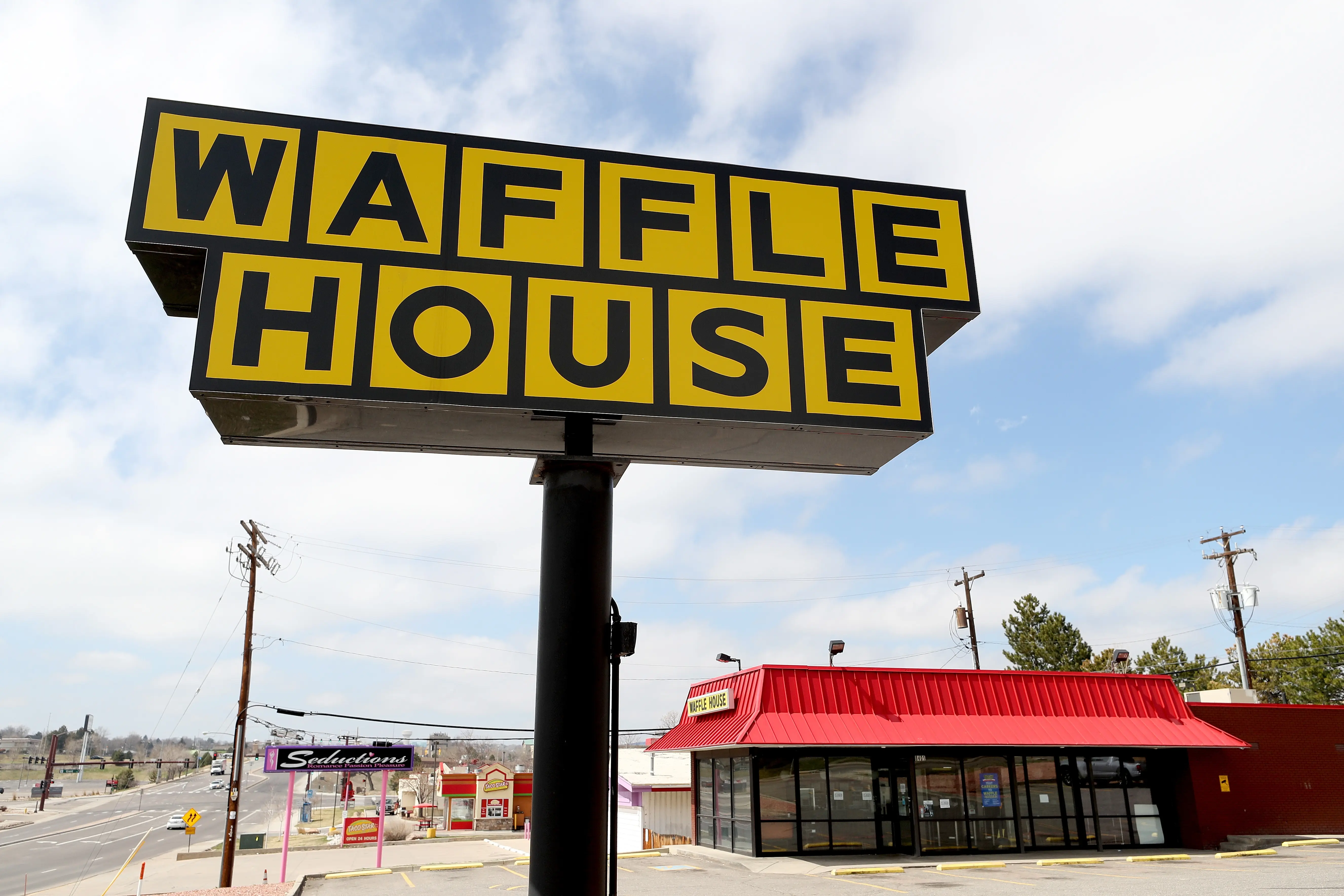 THORNTON, COLORADO - MARCH 26:  A Waffle House restaurant sits closed after the restaurant chain closed at least 420 locations due to the COVID-19 crisis on March 26, 2020 in Thornton, Colorado. With reported sales down 70 percent, Waffle House is known for staying open 24 hours a day, seven days a week, and has become a barometer in the past to to determine the severity of a disaster if they close. (Photo by Matthew Stockman/Getty Images)