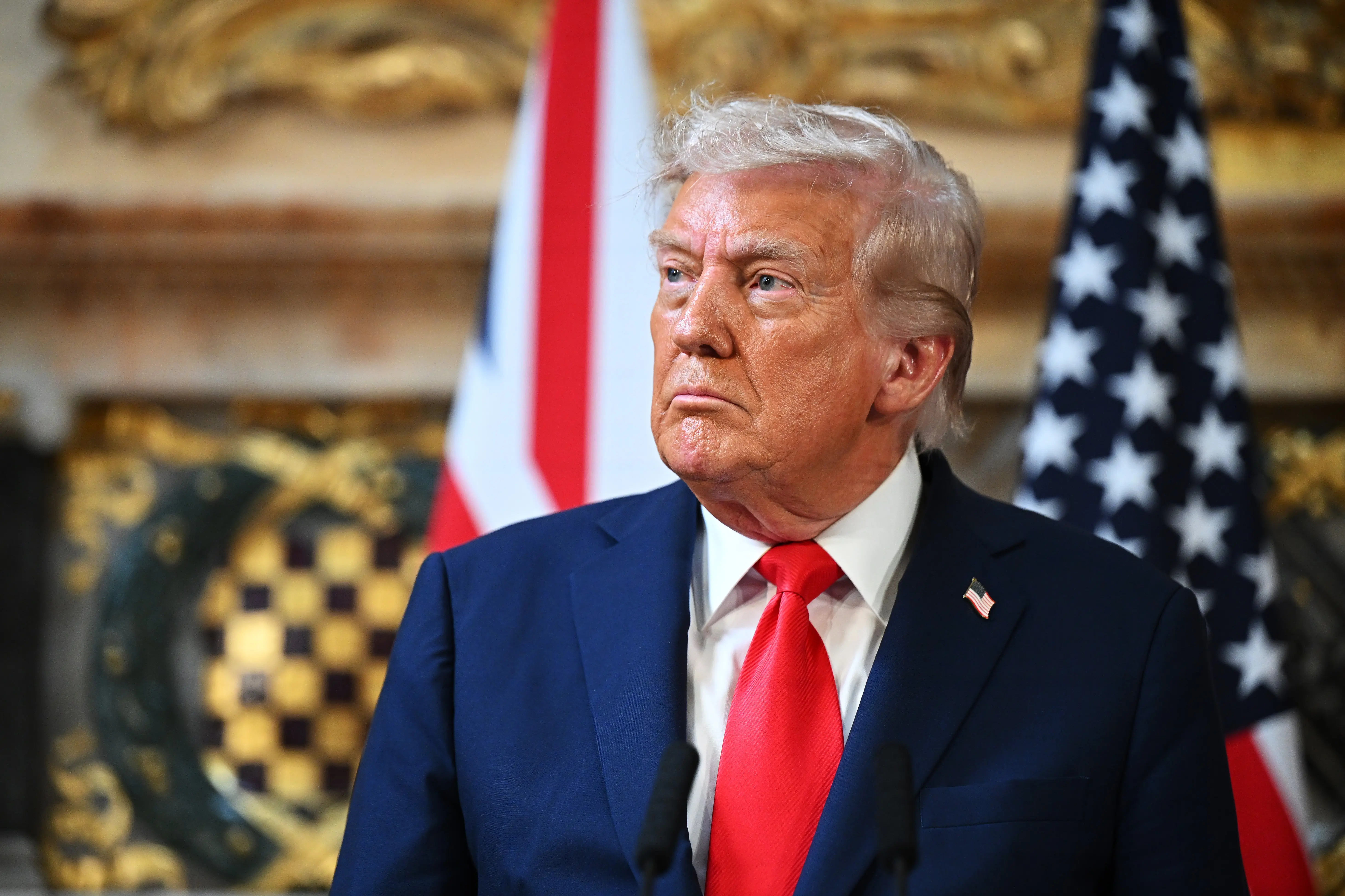AYLESBURY, ENGLAND - SEPTEMBER 18: U.S. President Donald Trump attends a press conference with UK Prime Minister Keir Starmer (not pictured) at Chequers at the conclusion of a state visit on September 18, 2025 in Aylesbury, England. This is the final day of President Trump’s second UK state visit, with the previous one taking place in 2019 during his first presidential term. (Photo by Leon Neal/Getty Images)