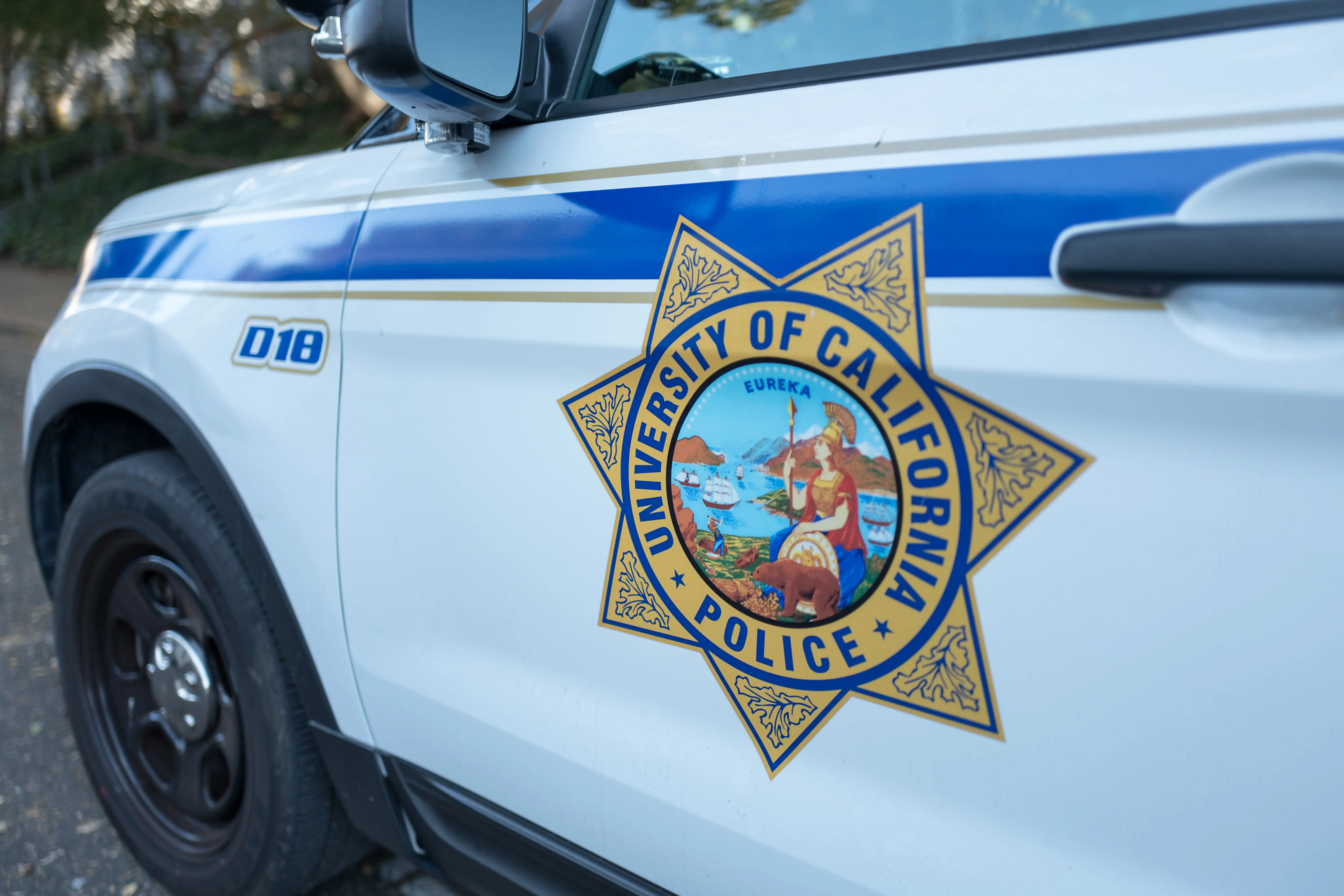 Close-up of campus police vehicle with logo at UC Berkeley, a University of California school in Berkeley, California, October 6, 2017. UC Berkeley police responded to unrest following protests by "alt-right" groups on campus in late 2017. (Photo by Smith Collection/Gado/Getty Images)