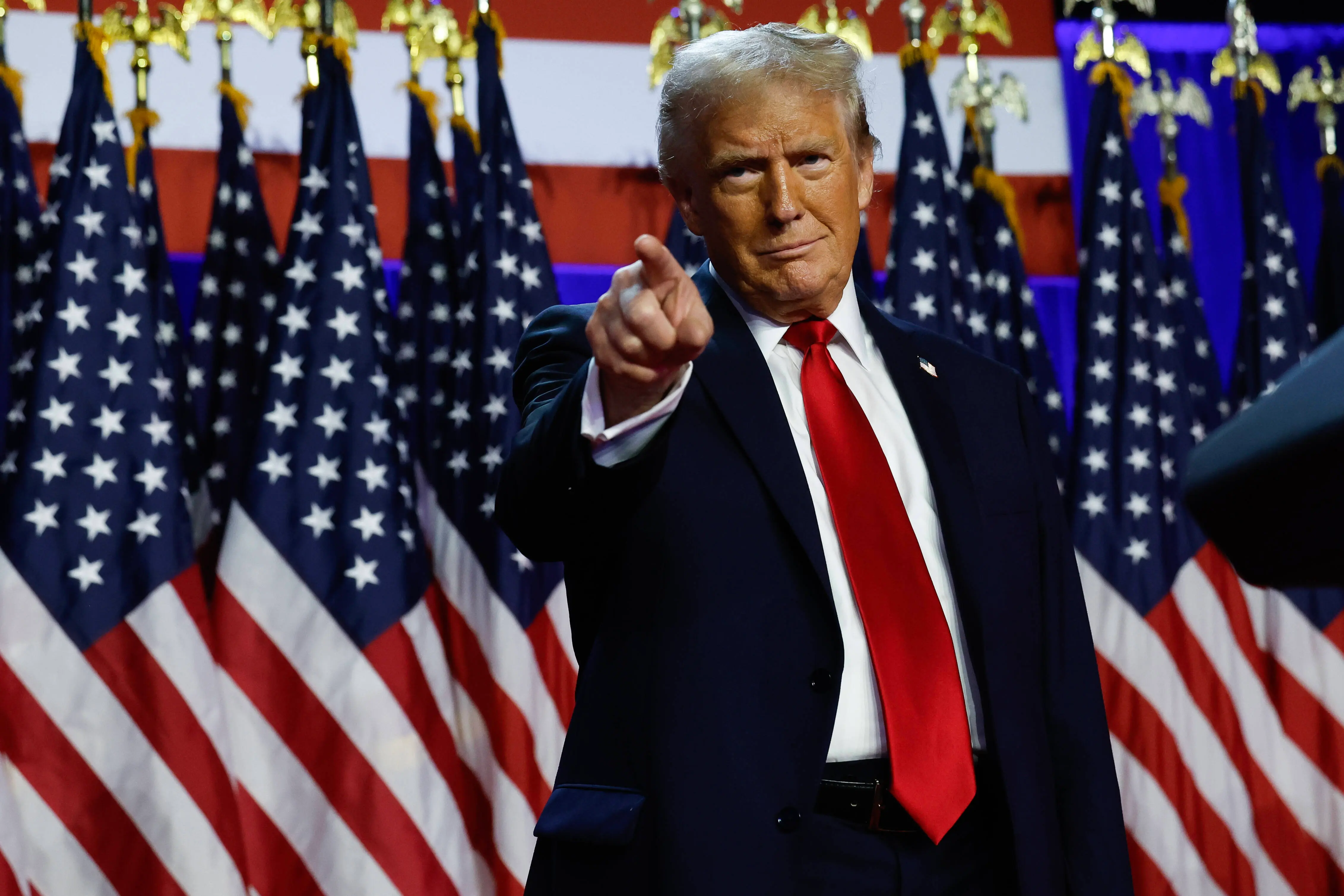 WEST PALM BEACH, FLORIDA - NOVEMBER 06:  Republican presidential nominee, former U.S. President Donald Trump arrives to speak during an election night event at the Palm Beach Convention Center on November 06, 2024 in West Palm Beach, Florida. Americans cast their ballots today in the presidential race between Republican nominee former President Donald Trump and Vice President Kamala Harris, as well as multiple state elections that will determine the balance of power in Congress.   (Photo by Chip Somodevilla/Getty Images)