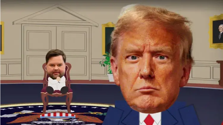 From left JD Vance and Donald Trump in South Park season 28 episode 3 Sora Not Sorry. Image Credit: Comedy Central
