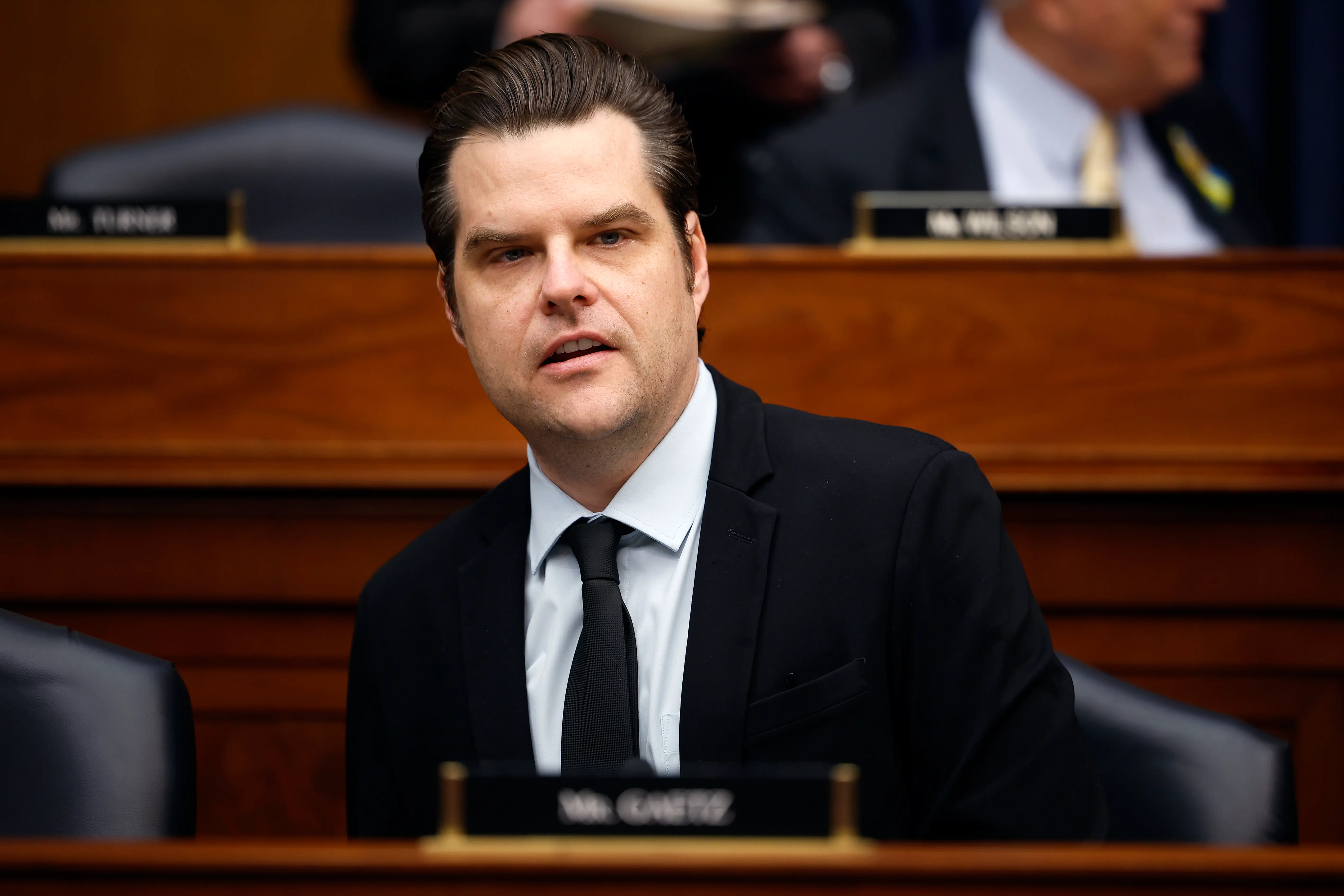 House Armed Services Committee member Rep. Matt Gaetz (R-FL) listens to testimony from Chairman of the Joint Chiefs of Staff Gen. Charles Brown Jr., Defense Secretary Lloyd Austin and Under Secretary of Defense Comptroller Mike McCord during a hearing in the Rayburn House Office Building on Capitol Hill on April 30, 2024 in Washington, DC. (Photo by Chip Somodevilla/Getty Images)