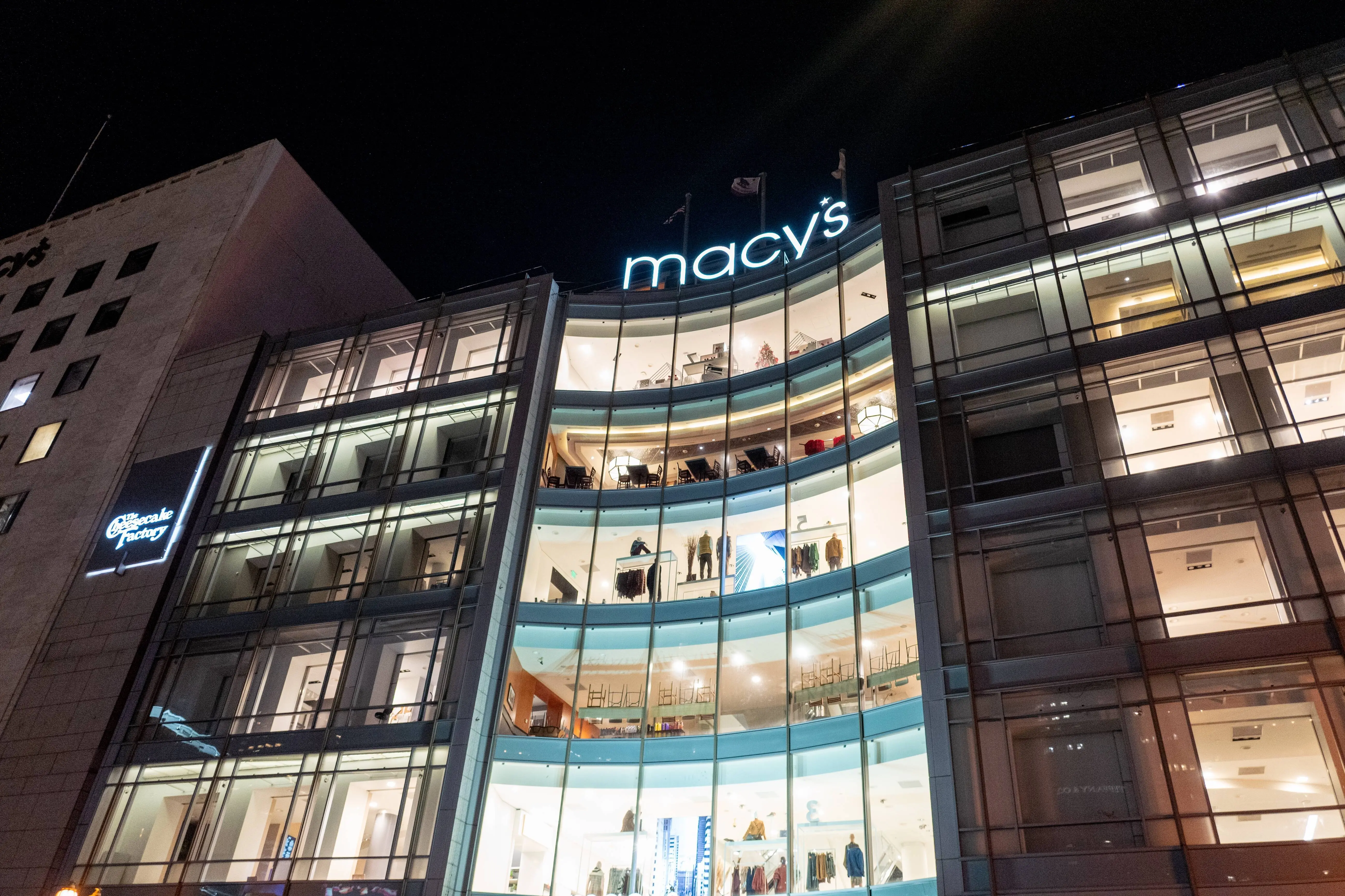 Night view of Macy's department store, Union Square, San Francisco, California, October 7, 2025. (Photo by Smith Collection/Gado/Getty Images)