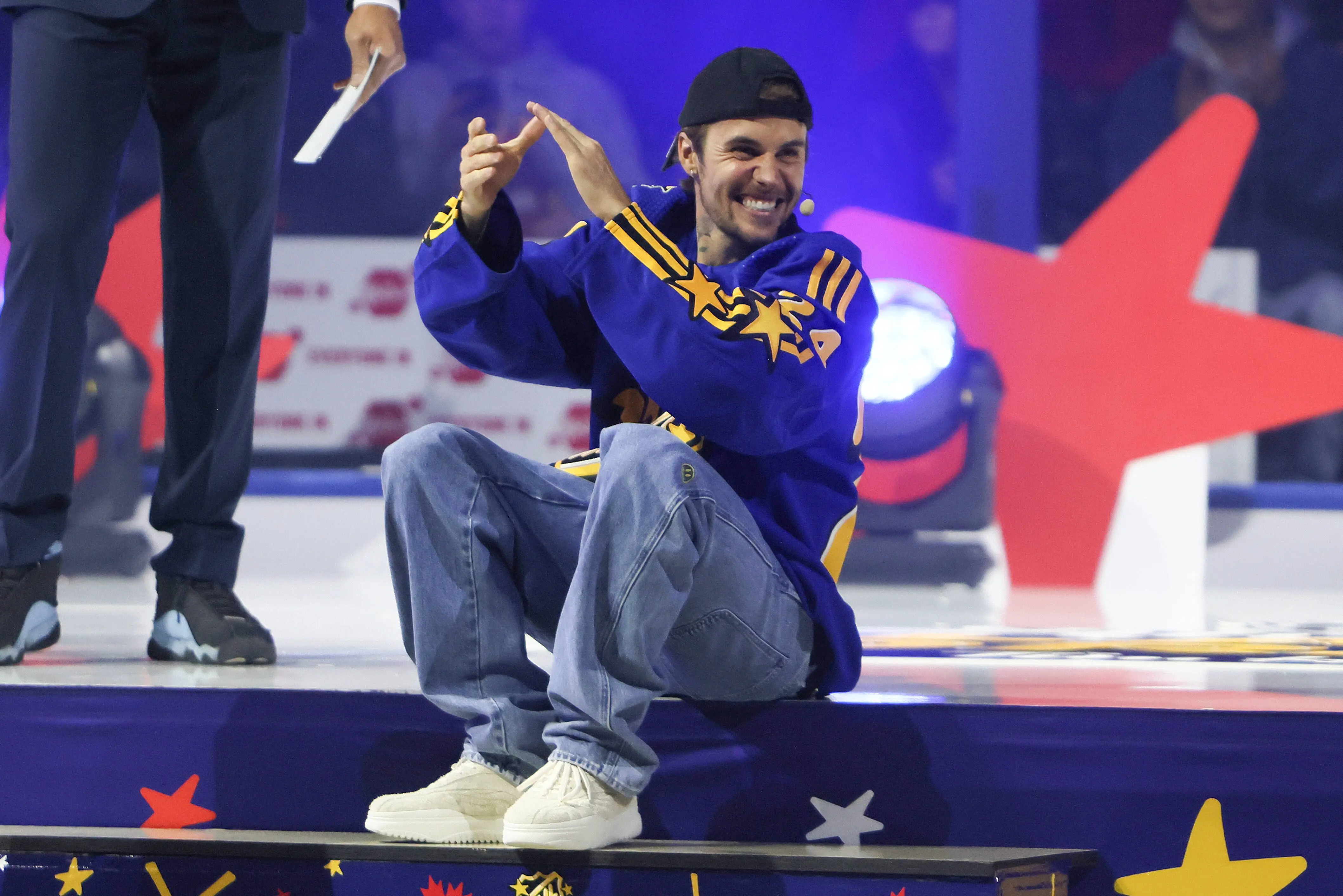 TORONTO, ONTARIO - FEBRUARY 01:  Singer Justin Bieber takes part in the draft during 2024 NHL All-Star Thursday at Scotiabank Arena on February 01, 2024 in Toronto, Ontario, Canada. (Photo by Bruce Bennett/Getty Images)