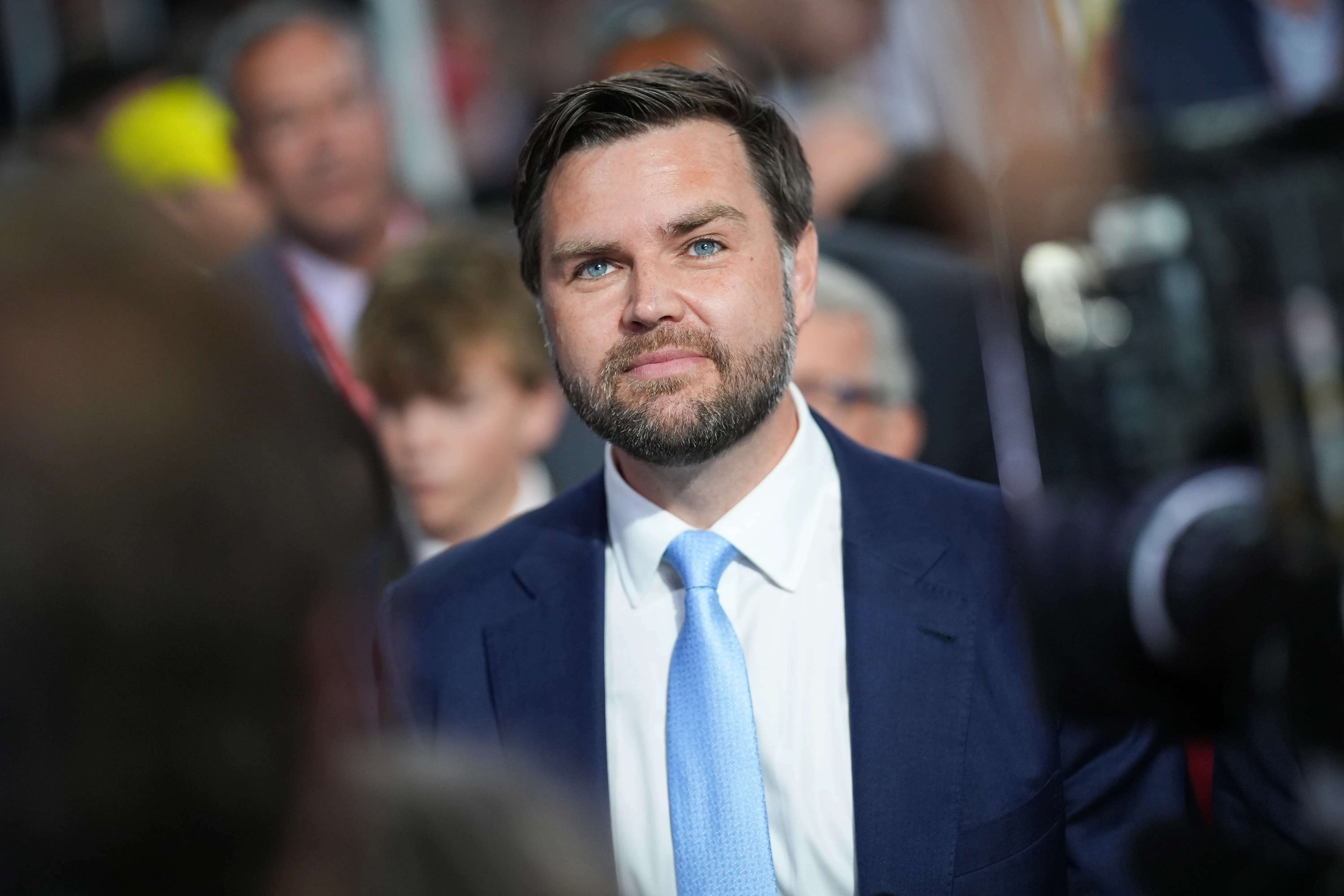U.S. Sen. J.D. Vance (R-OH) arrives on the first day of the Republican National Convention at the Fiserv Forum on July 15, 2024 in Milwaukee, Wisconsin. (Photo by Andrew Harnik/Getty Images)