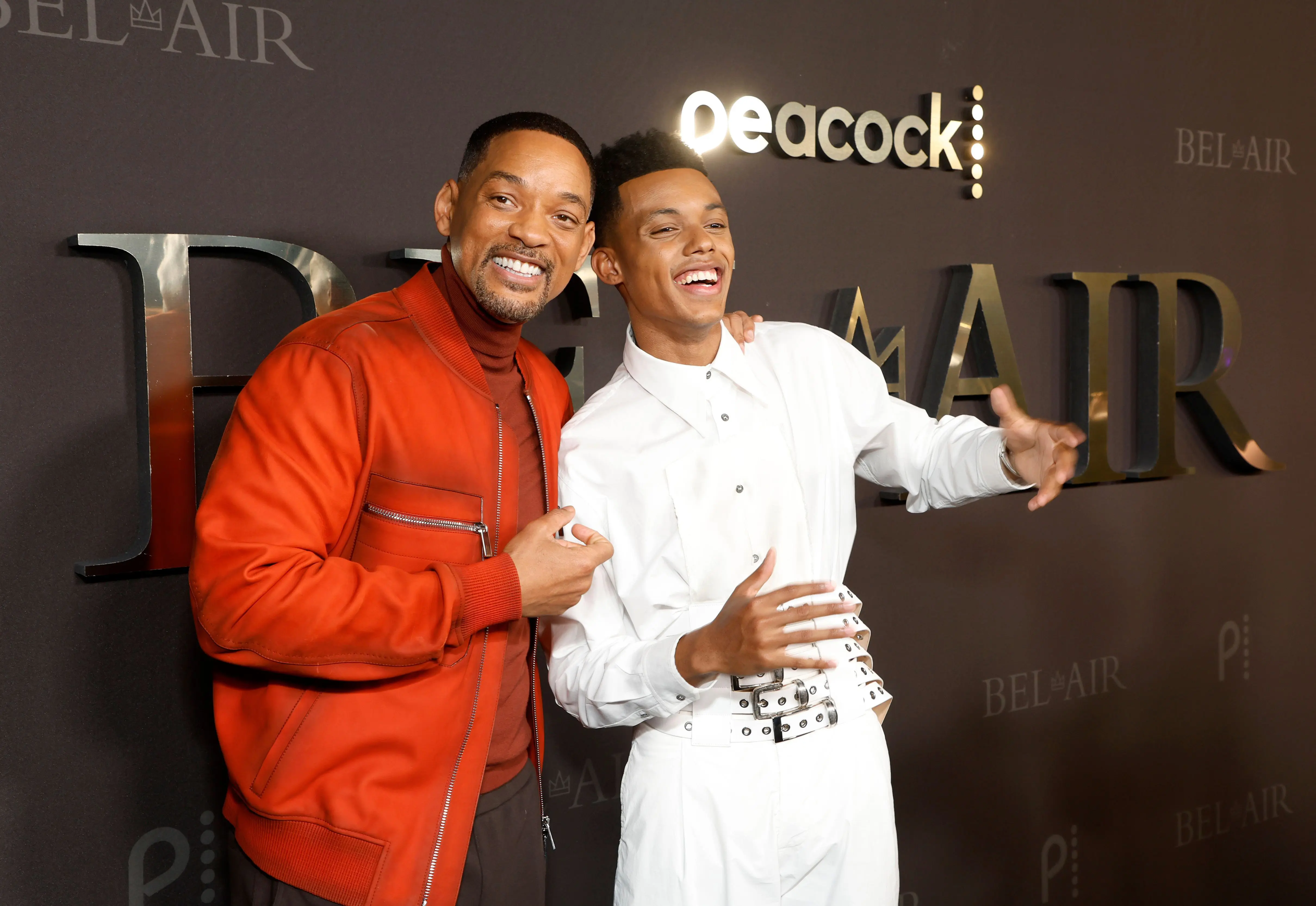 Will Smith and Jabari Banks attend Peacock's new series "BEL-AIR" premiere party and drive-thru screening experience at Barker Hangar on February 09, 2022 in Santa Monica, California. (Photo by Frazer Harrison/Getty Images)