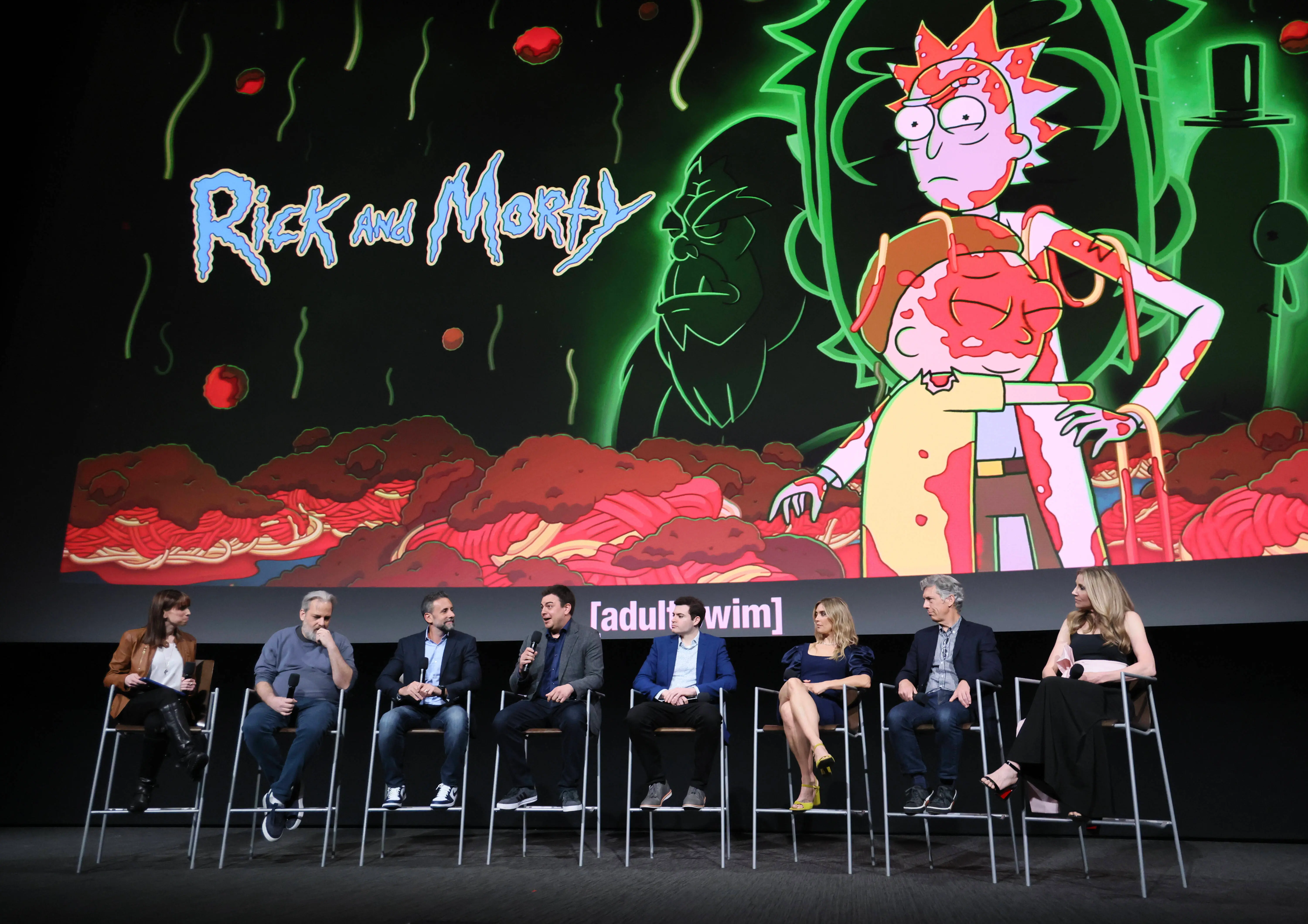 Executive Producer Dan Harmon, EP/Showrunner Scott Marder, Ian Cardoni, Harry Belden, Spencer Grammer, Chris Parnell, and Sarah Chalke speak onstage at Adult Swim's 'Rick and Morty' FYC Event at Saban Media Center on April 16, 2024 in North Hollywood, California. (Photo by Rodin Eckenroth/Getty Images for Adult Swim/Warner Bros. Discovery )