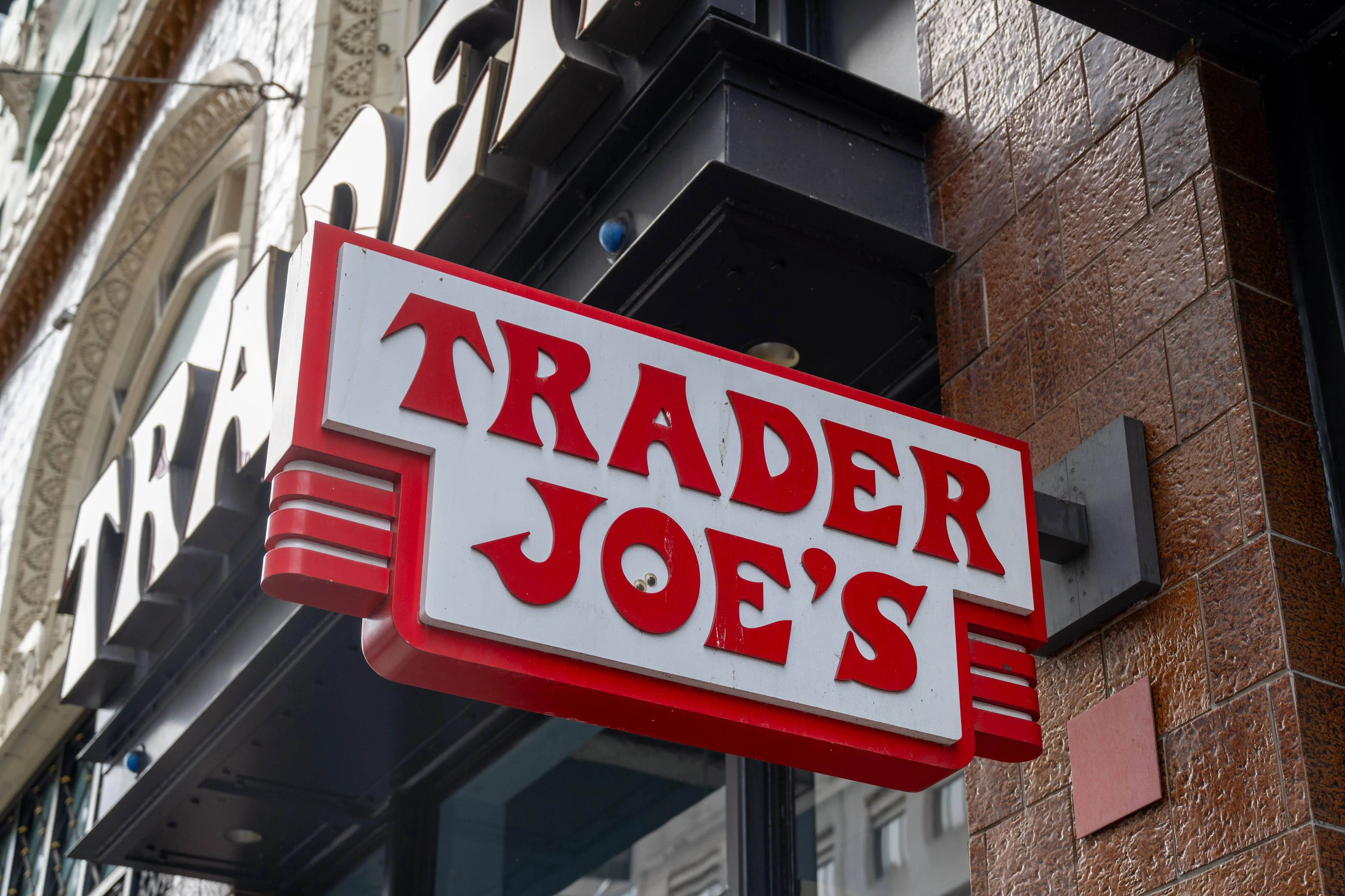 Close-up of Trader Joe's grocery store sign on building facade, San Francisco, California, August 29, 2025. (Photo by Smith Collection/Gado/Getty Images)