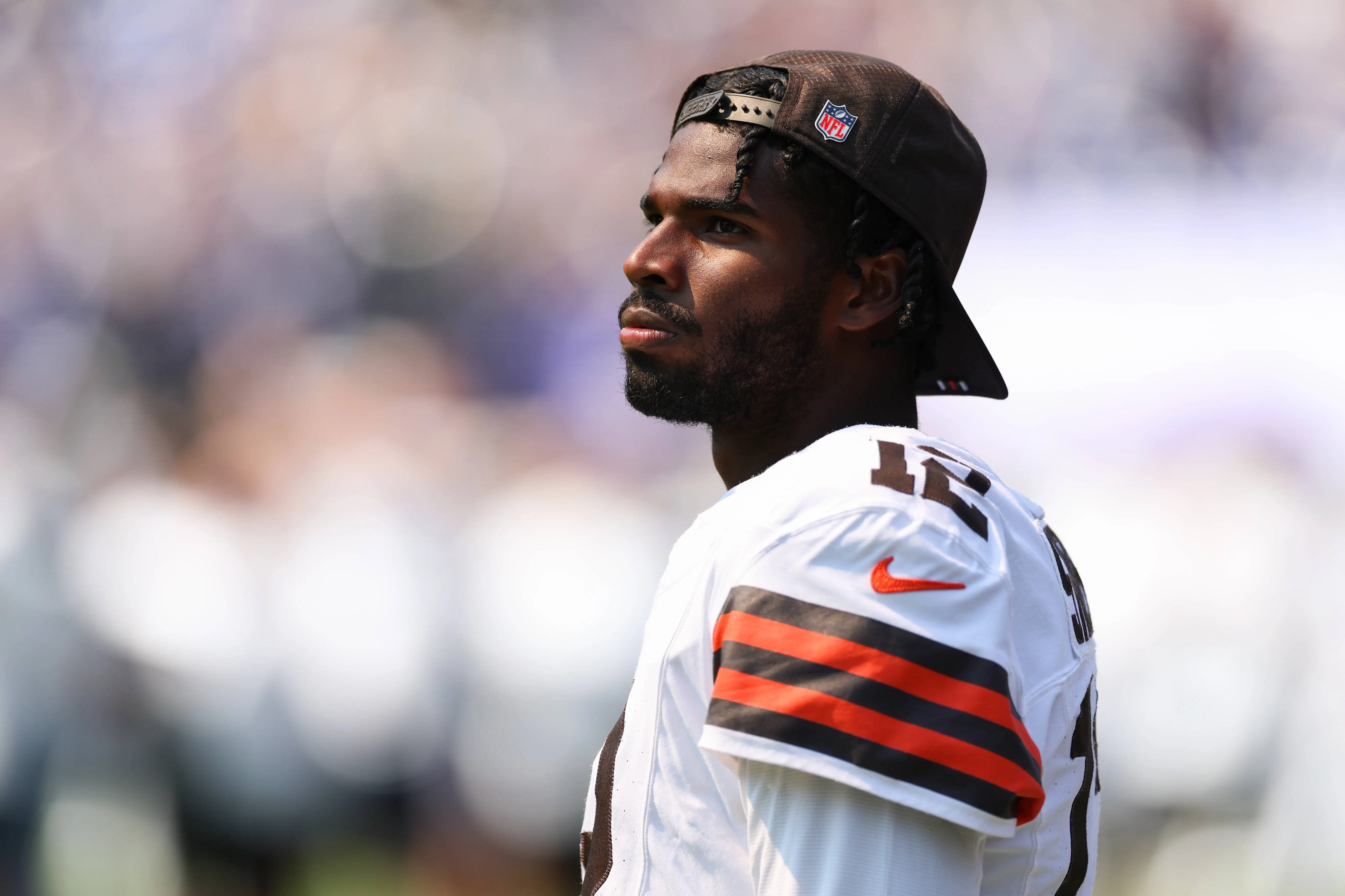 Shedeur Sanders #12 of the Cleveland Browns looks on prior to a game against the Baltimore Ravens at M&amp;T Bank Stadium on September 14, 2025 in Baltimore, Maryland. (Photo by Rob Carr/Getty Images)