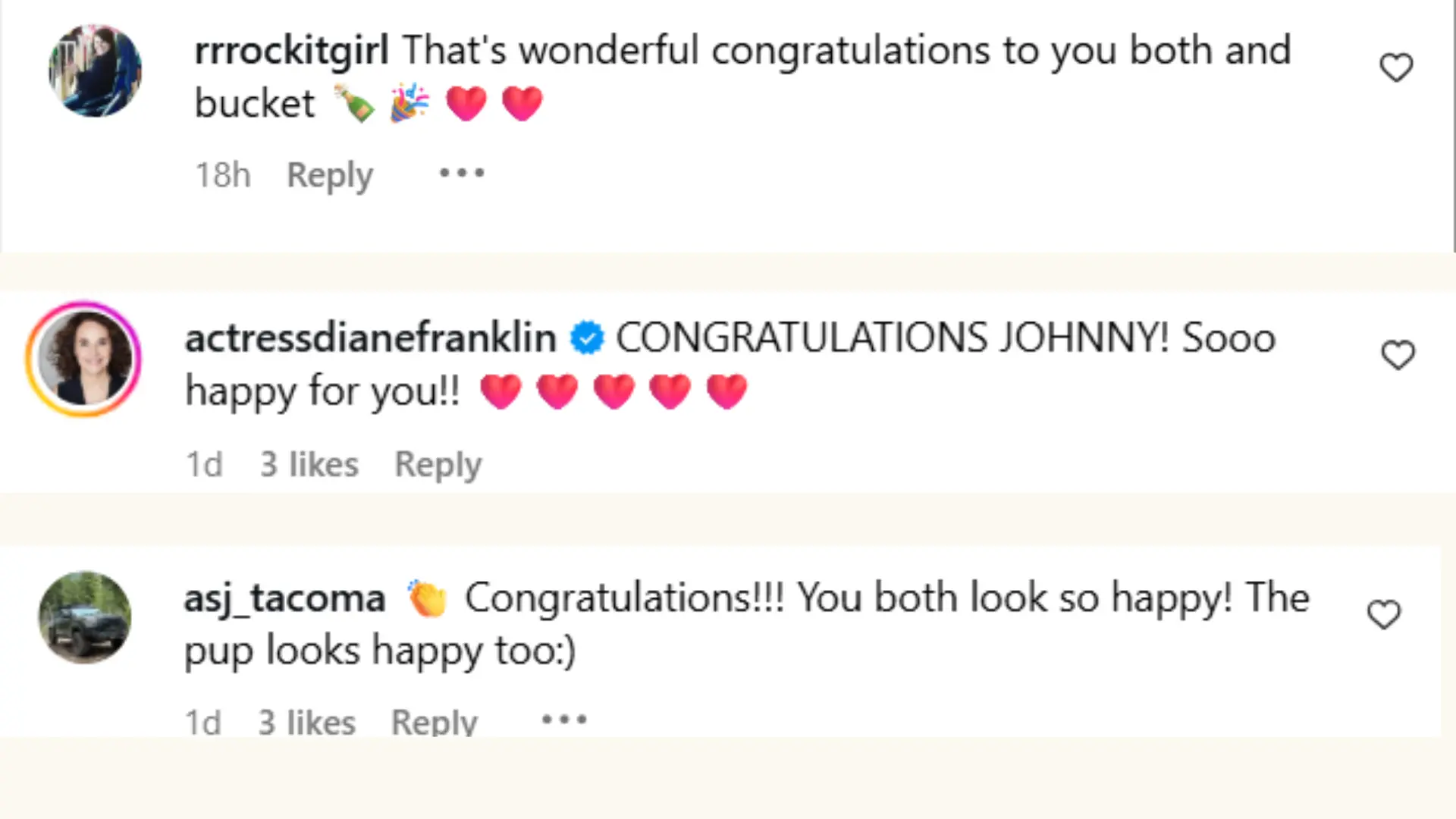 Fans congratulating Emily Ting and Johnny Knoxville (Image via Instagram/@johnnyknoxville)