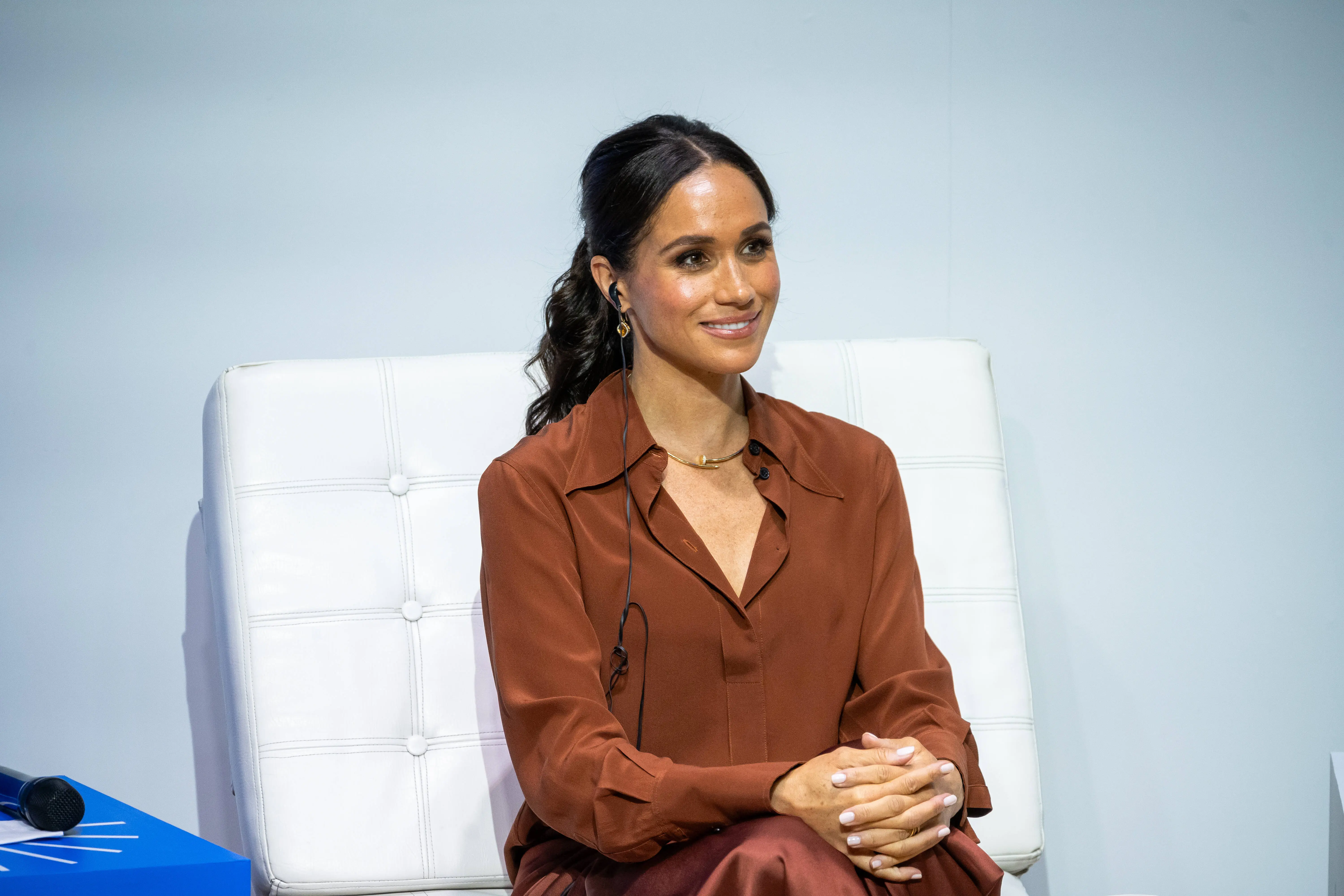 BOGOTA, COLOMBIA - AUGUST 15: Meghan, Duchess of Sussex, during a forum about digital responsibility at EAN University during a visit around Colombia on August 15, 2024 in Bogota, Colombia. (Photo by Diego Cuevas/Getty Images)