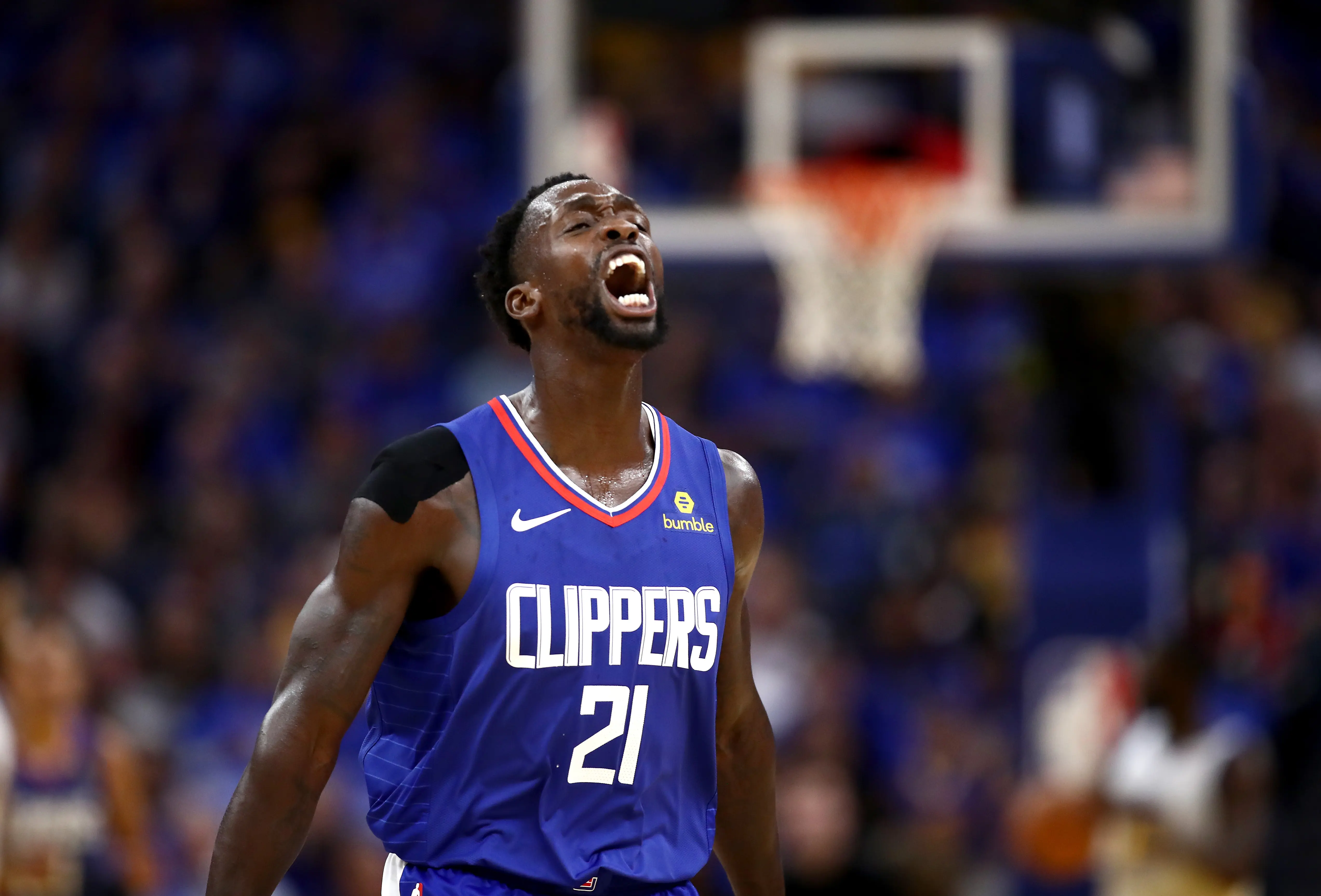 SAN FRANCISCO, CALIFORNIA - OCTOBER 24:   Patrick Beverley #21 of the LA Clippers reacts during their game against the Golden State Warriors at Chase Center on October 24, 2019 in San Francisco, California.  NOTE TO USER: User expressly acknowledges and agrees that, by downloading and or using this photograph, User is consenting to the terms and conditions of the Getty Images License Agreement. (Photo by Ezra Shaw/Getty Images)