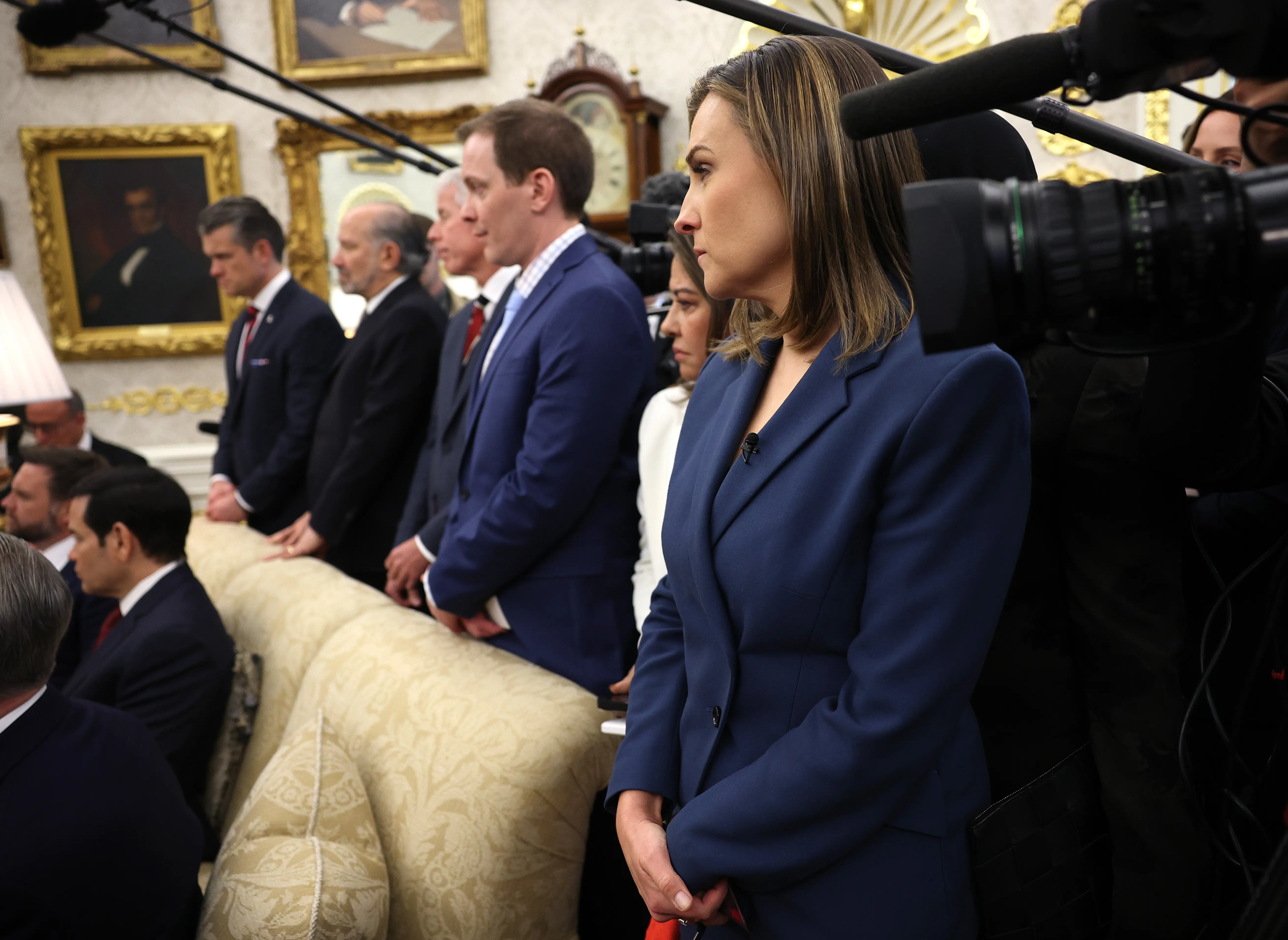 WASHINGTON, DC - NOVEMBER 18: ABC News Chief White House Correspondent Mary Bruce (R) looks on during a bilateral meeting between U.S. President Donald Trump and Crown Prince and Prime Minister Mohammed bin Salman of Saudi Arabia in the Oval Office of the White House on November 18, 2025 in Washington, DC. Trump is hosting the crown prince for meetings aimed at strengthening economic and defense ties, including the U.S. sale of F-35 fighter jets to Saudi Arabia. (Photo by Win McNamee/Getty Images)