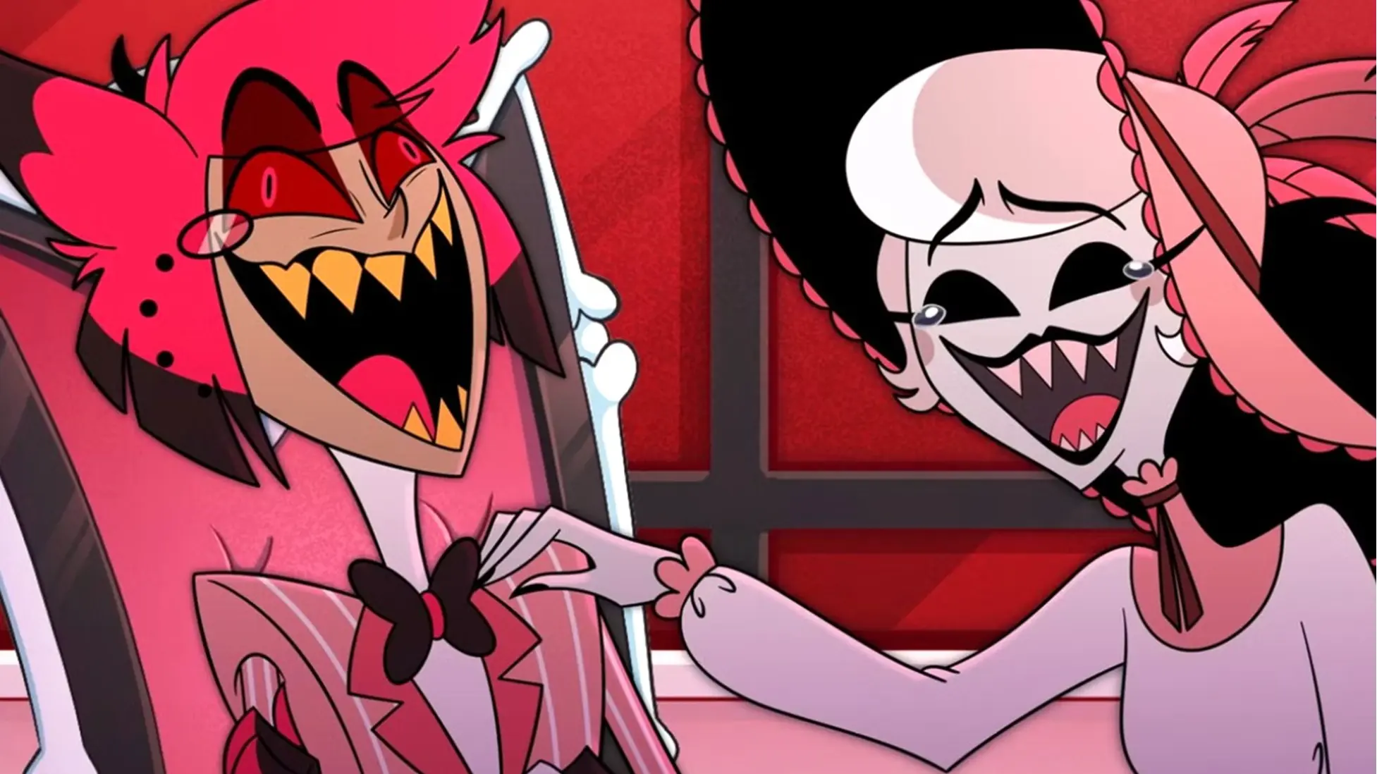 Alastor and Rosie trade razor smiles inside the Hazbin Hotel lobby. Image via Amazon.