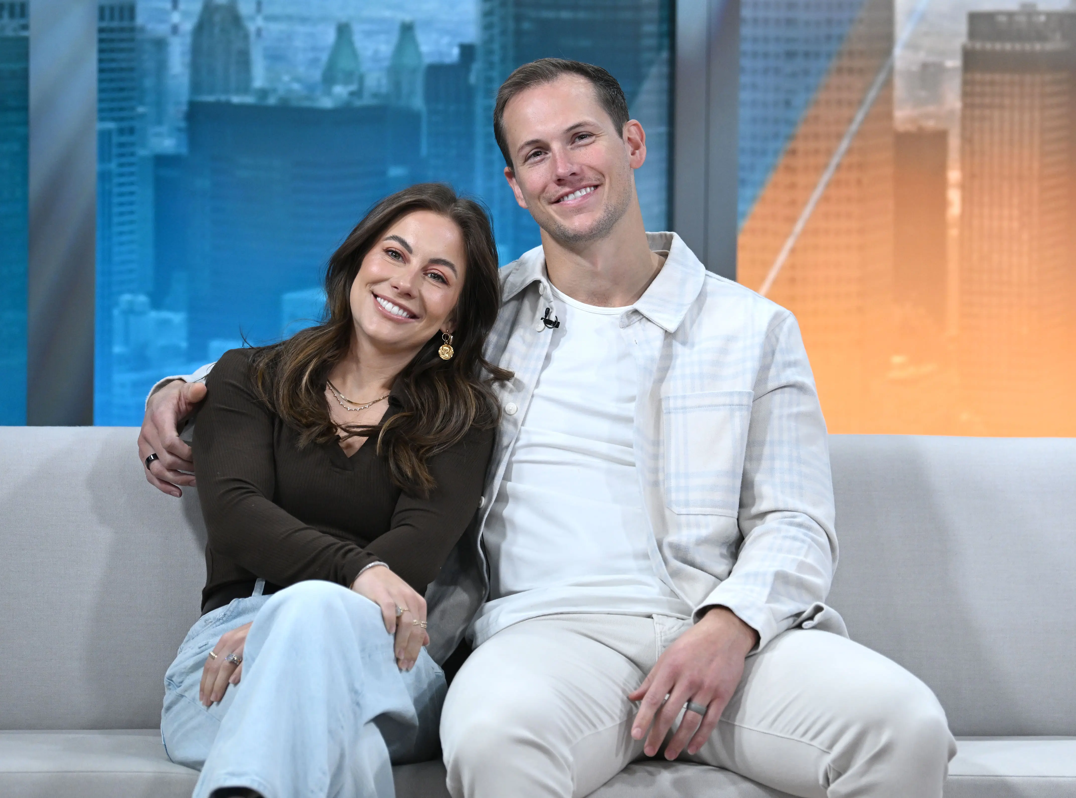 NEW YORK, NEW YORK - NOVEMBER 19: (L-R) Shawn Johnson East and Andrew East are seen during a segment of "Good Day New York" on November 19, 2025 in New York City. (Photo by Michael Simon/Getty Images)