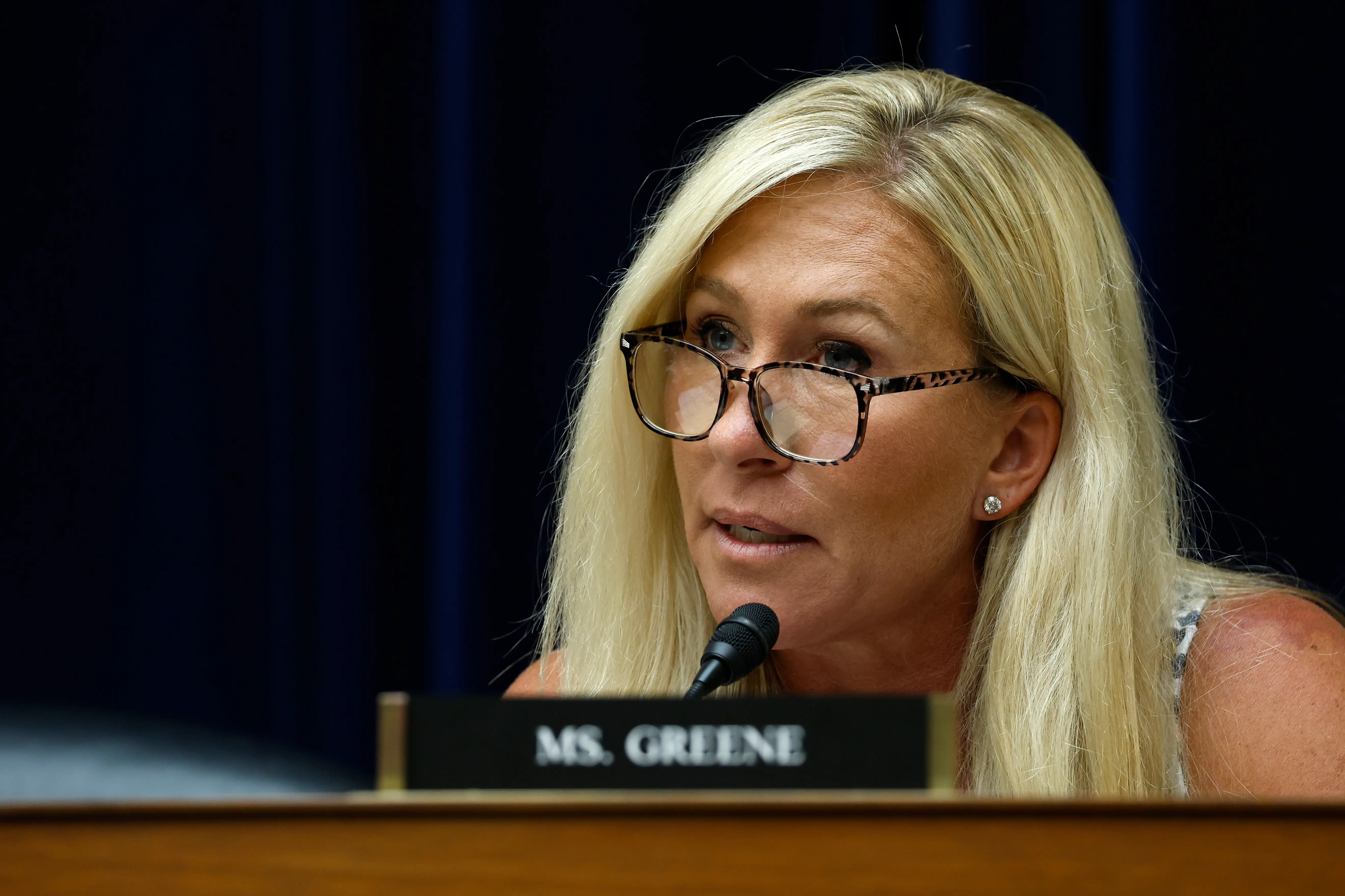 WASHINGTON, DC - JULY 11: Rep. Marjorie Taylor Greene (R-GA) speaks at a hearing with the Select Subcommittee on the Coronavirus Pandemic on Capitol Hill on July 11, 2023 in Washington, DC. Members of the committee met to hear testimony from medical researchers on the origins of Covid-19. (Photo by Anna Moneymaker/Getty Images)