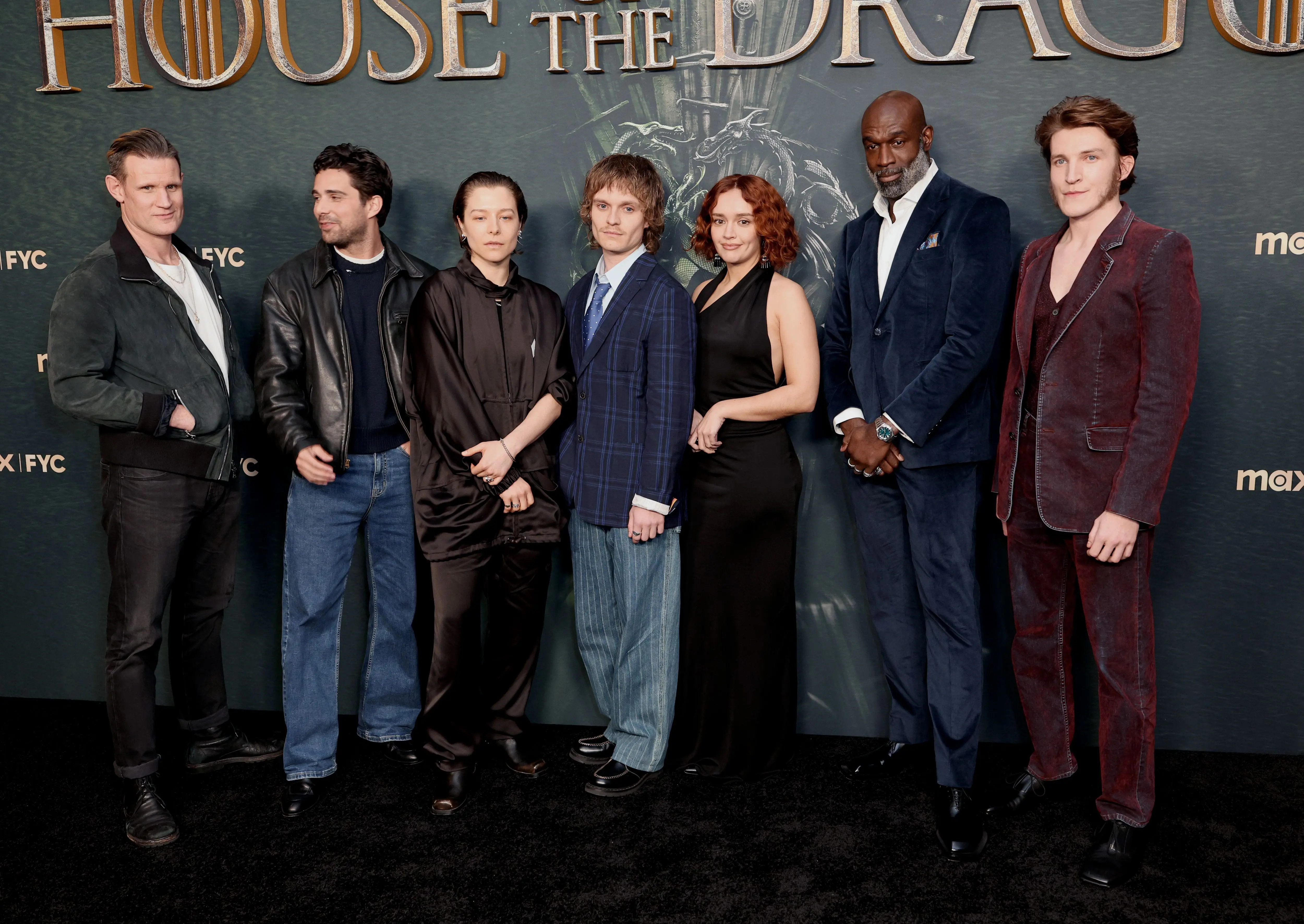 Cast members Matt Smith, Fabien Frankel, Emma D’Arcy, Tom Glynn-Carney, Olivia Cooke, Steve Toussaint and Ewan Mitchell of HBO's House of the Dragon. (Photo by Frazer Harrison/Getty Images)