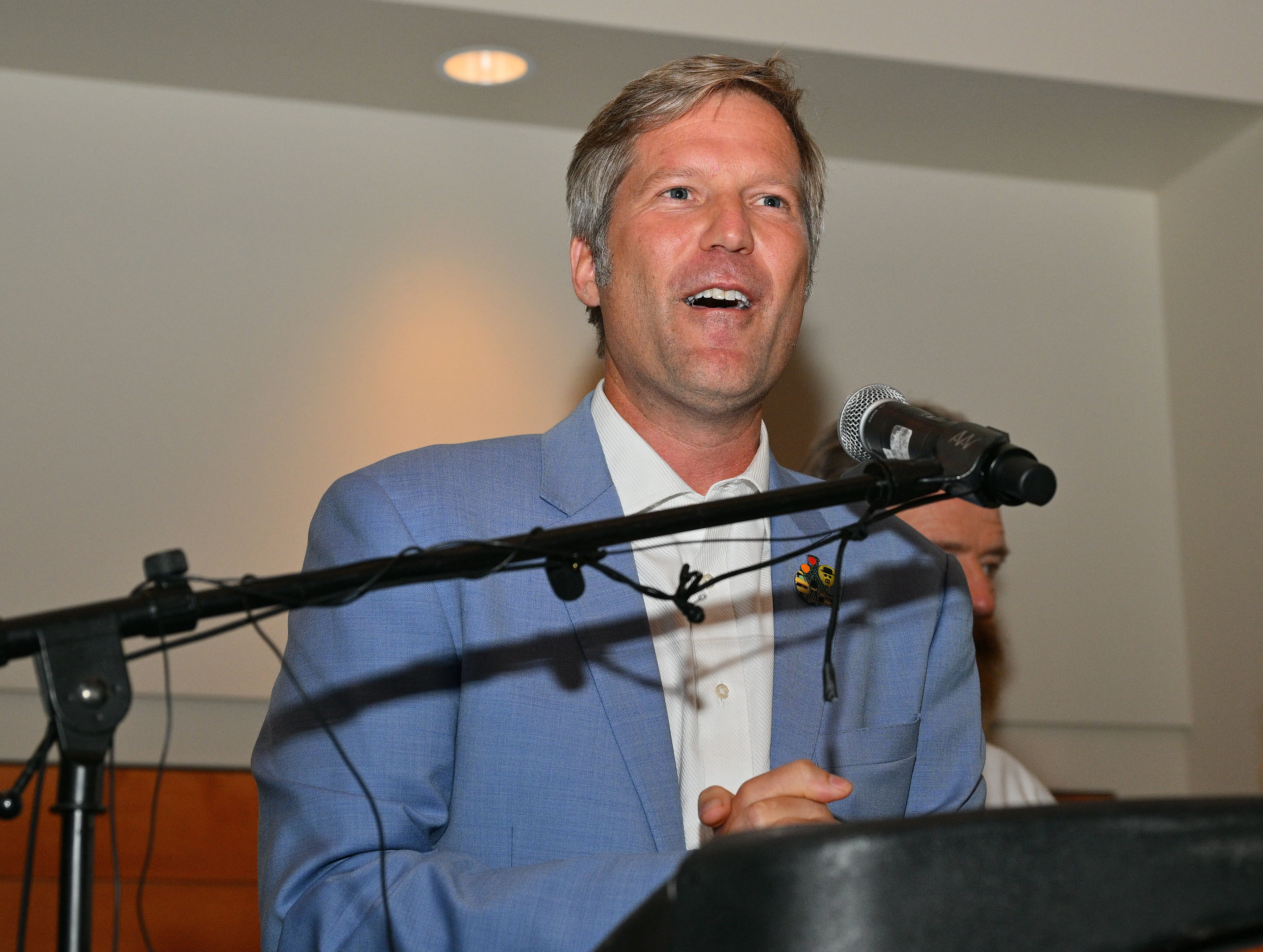 ALBUQUERQUE, NEW MEXICO - JULY 29:  Albuquerque Mayor Tim Keller speaks during an unveiling ceremony of bronze statues depicting television characters Walter White, played by actor Bryan Cranston, and Jesse Pinkman, played by actor Aaron Paul, from the series "Breaking Bad" at the Albuquerque Convention Center on July 29, 2022 in Albuquerque, New Mexico. The statues were commissioned in 2019 by Sony Pictures Television and were sculpted by artist Trevor Grove and cast by Burbank, California-based American Fine Arts Foundry.  (Photo by Sam Wasson/Getty Images)
