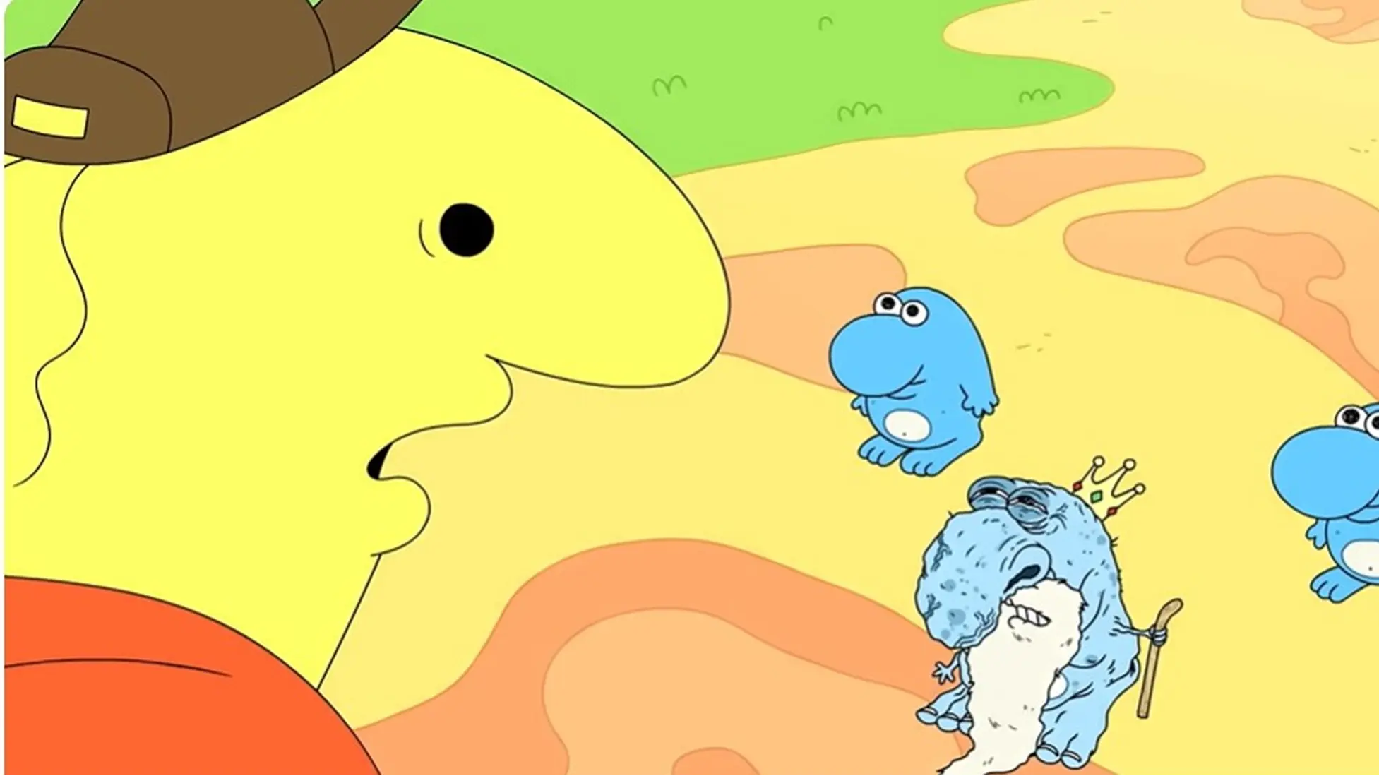 Charlie confronts the Shmaloogles’ weary king in Smiling Friends season 3 episode 7 Shmaloogles. Image via Adult Swim.