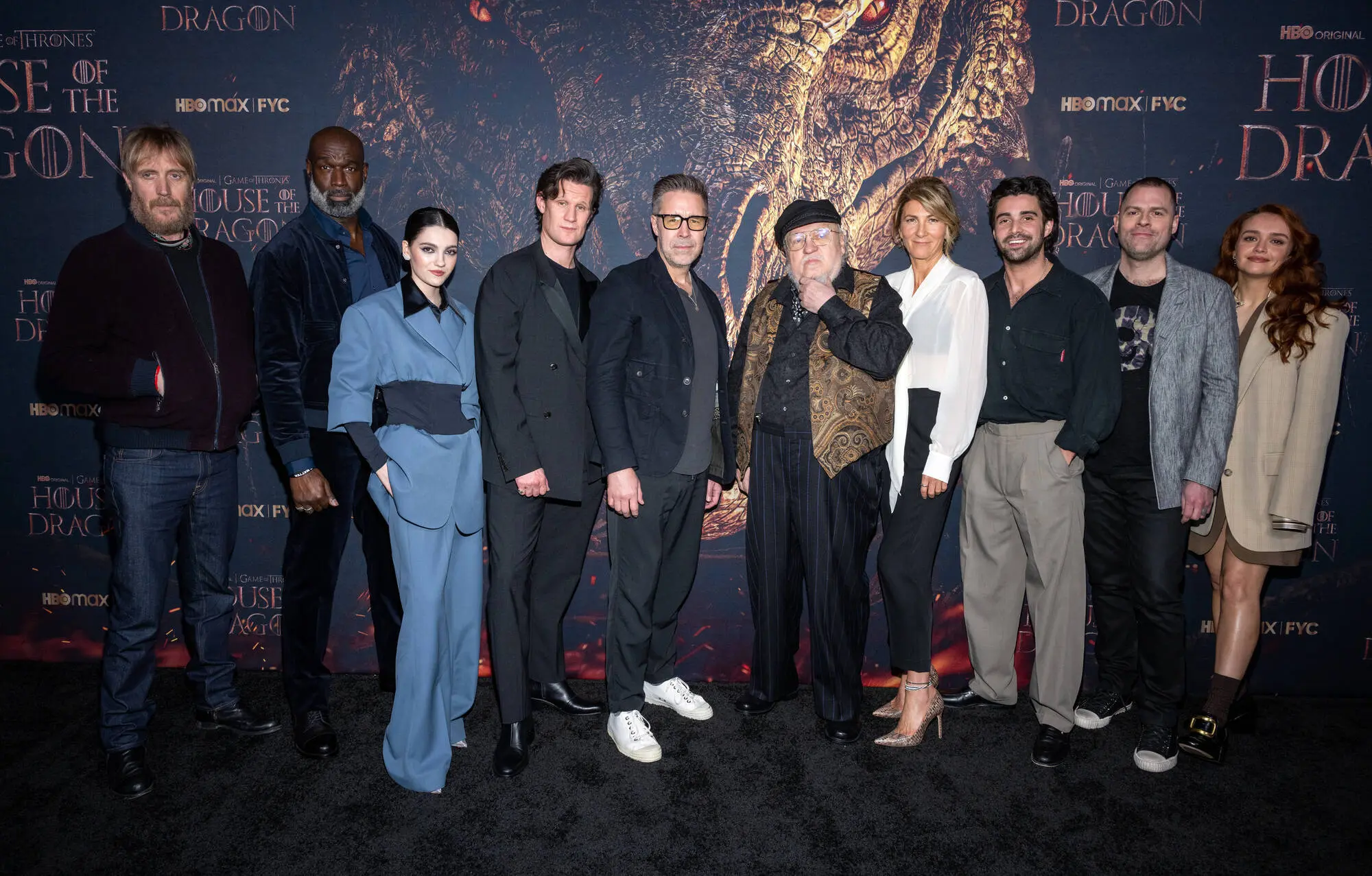  Rhys Ifans, Steve Toussaint, Emily Carey, Matt Smith, Paddy Considine, George R. R. Martin, Eve Best, Fabien Frankel, Ryan Condal and Olivia Cooke attend the FYC Special Screening for HBO Max's "House Of The Dragon" at the DGA Theater Complex on March 07, 2023 in Los Angeles, California. (Photo by Amanda Edwards/WireImage)
