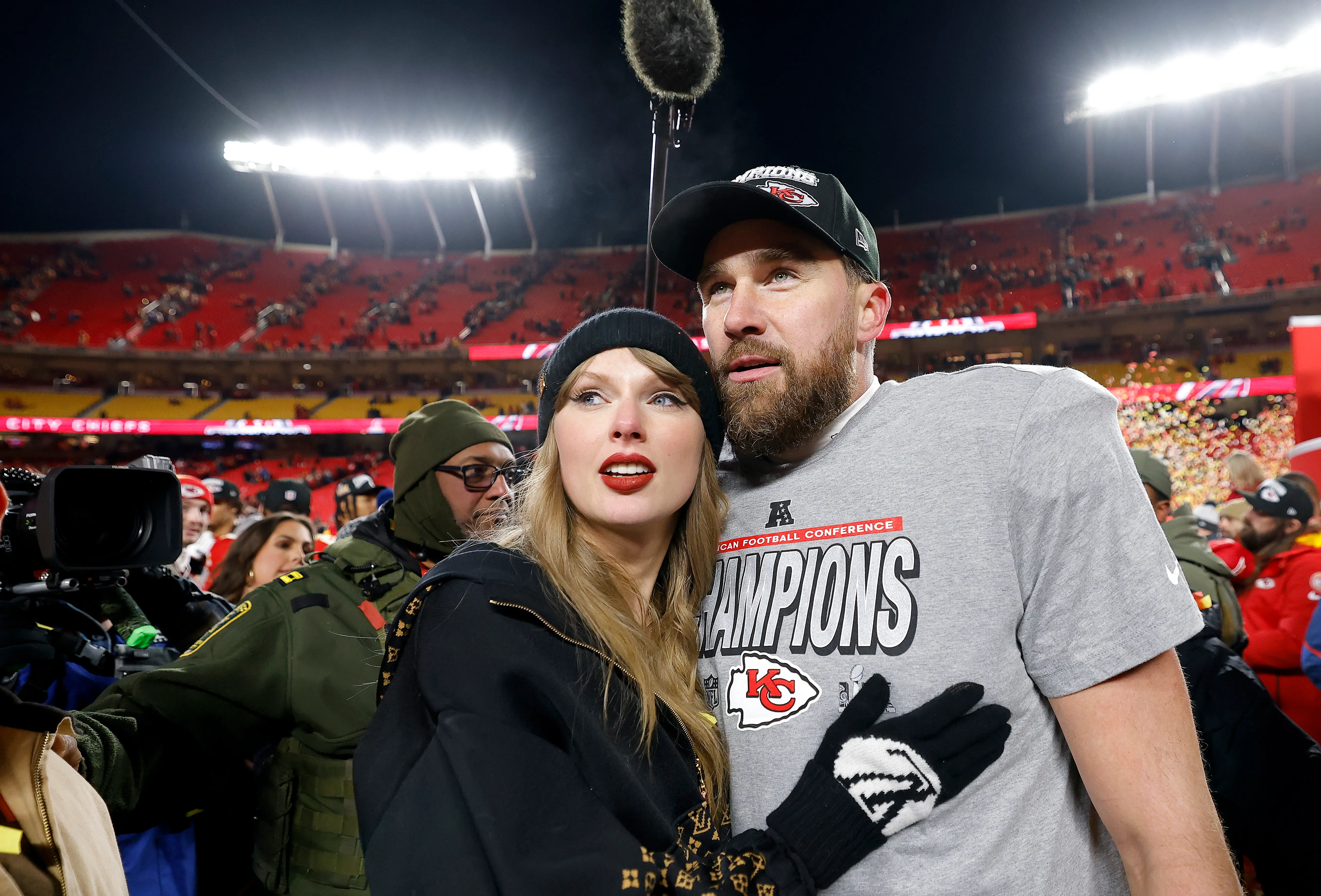 Taylor Swift celebrating Chiefs victory while supporting Travis Kelce at Arrowhead Stadium (Photo by David Eulitt/Getty Images)