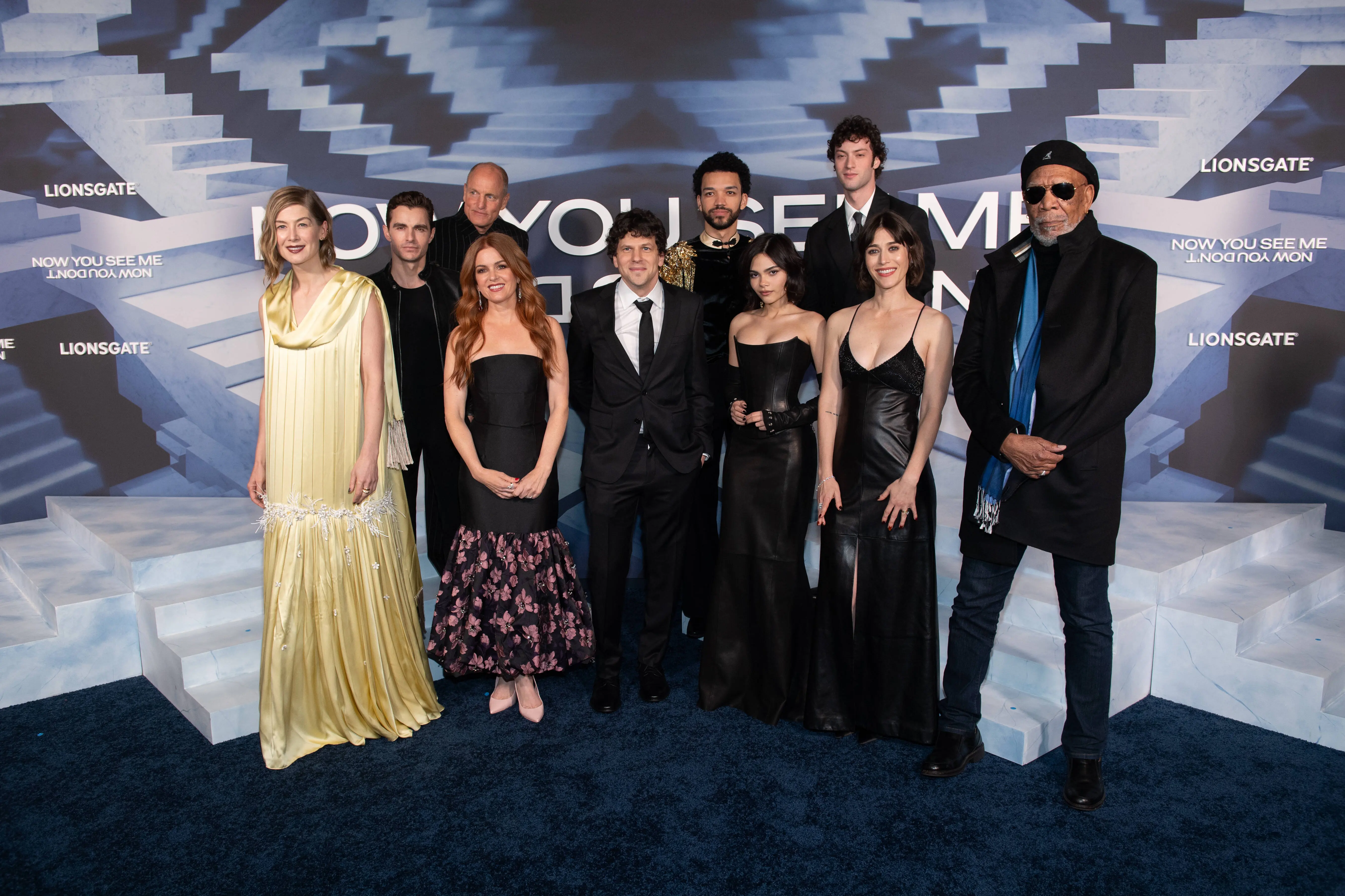 Rosamund Pike, Dave Franco, Woody Harrelson, Isla Fisher, Jesse Eisenberg, Justice Smith, Ariana Greenblatt, Dominic Sessa, Lizzy Caplan and Morgan Freeman attend Lionsgate's "Now You See Me: Now You Don't" New York premiere at The Lighthouse at Chelsea Piers on November 10, 2025 in New York City. (Photo by Noam Galai/WireImage)