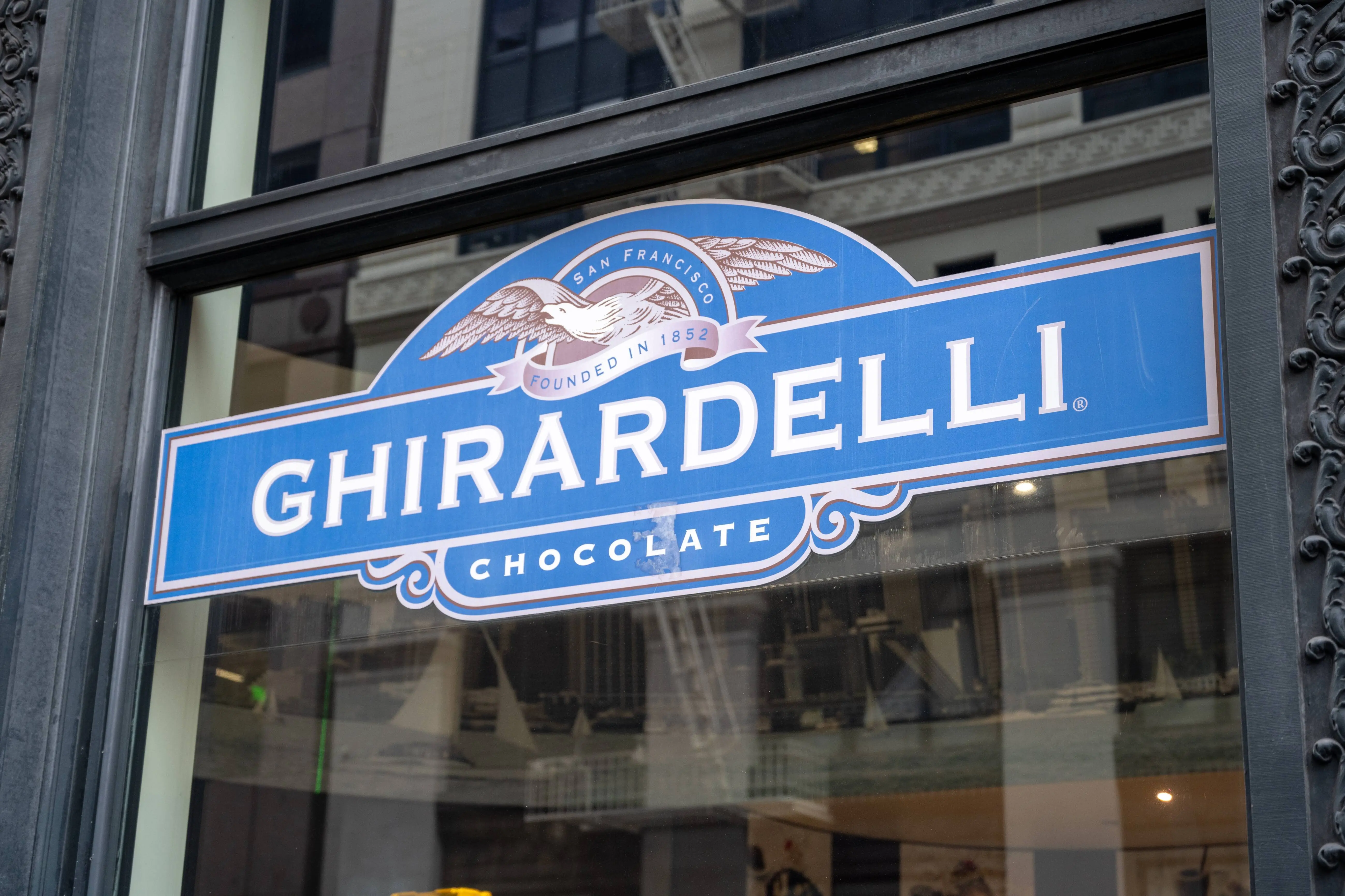 Facade of Ghirardelli chocolate store with logo, San Francisco, California, November 20, 2025. (Photo by Smith Collection/Gado/Getty Images)