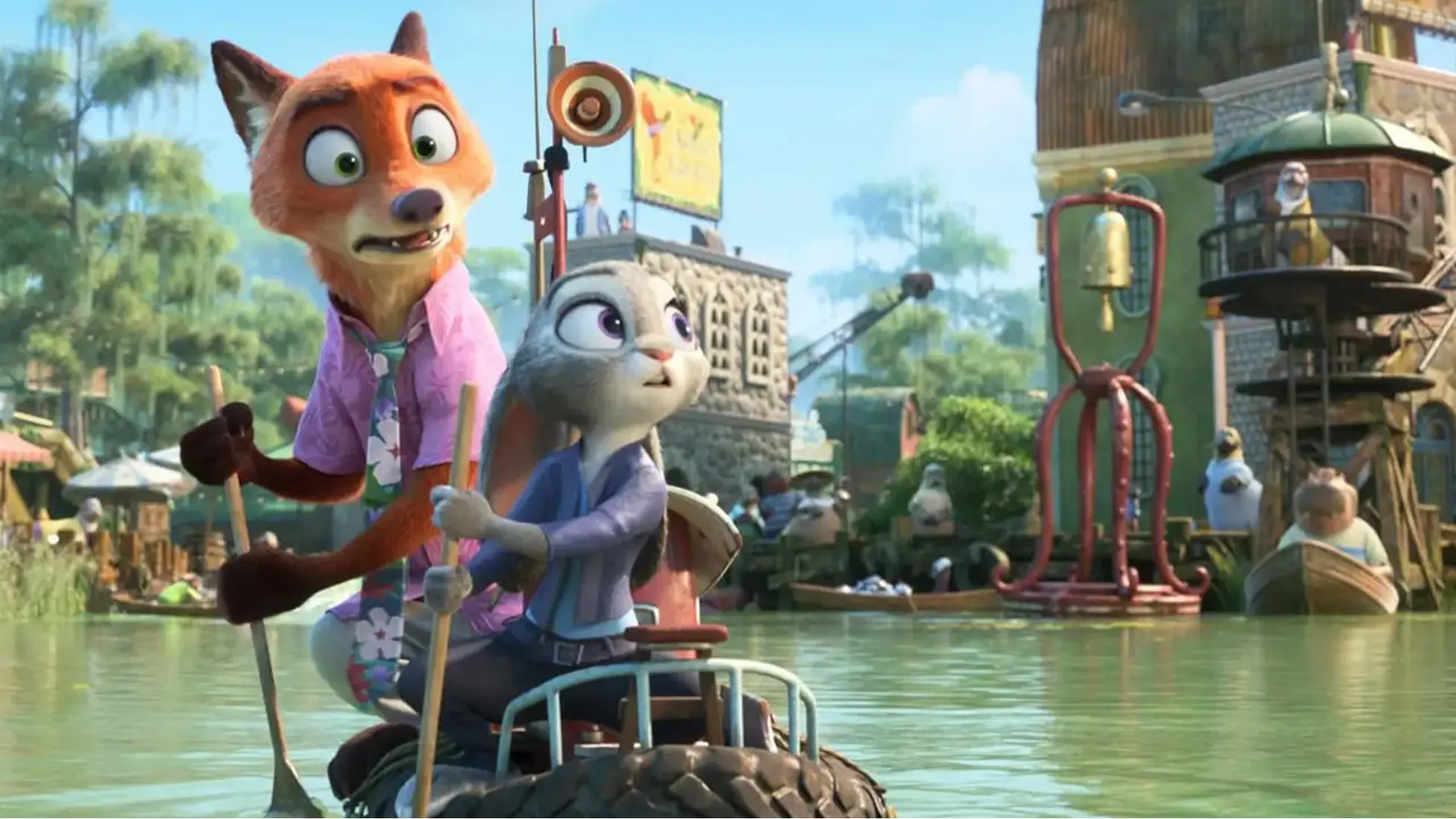 Nick Wilde and Judy Hopps take to the water in Disney’s Zootopia 2. Image via Disney.
