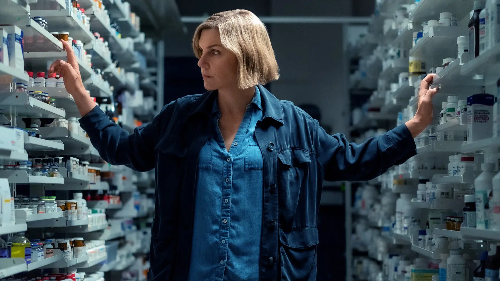 Rhea Seehorn in Pluribus, now streaming on Apple TV. (Image via Apple.com)